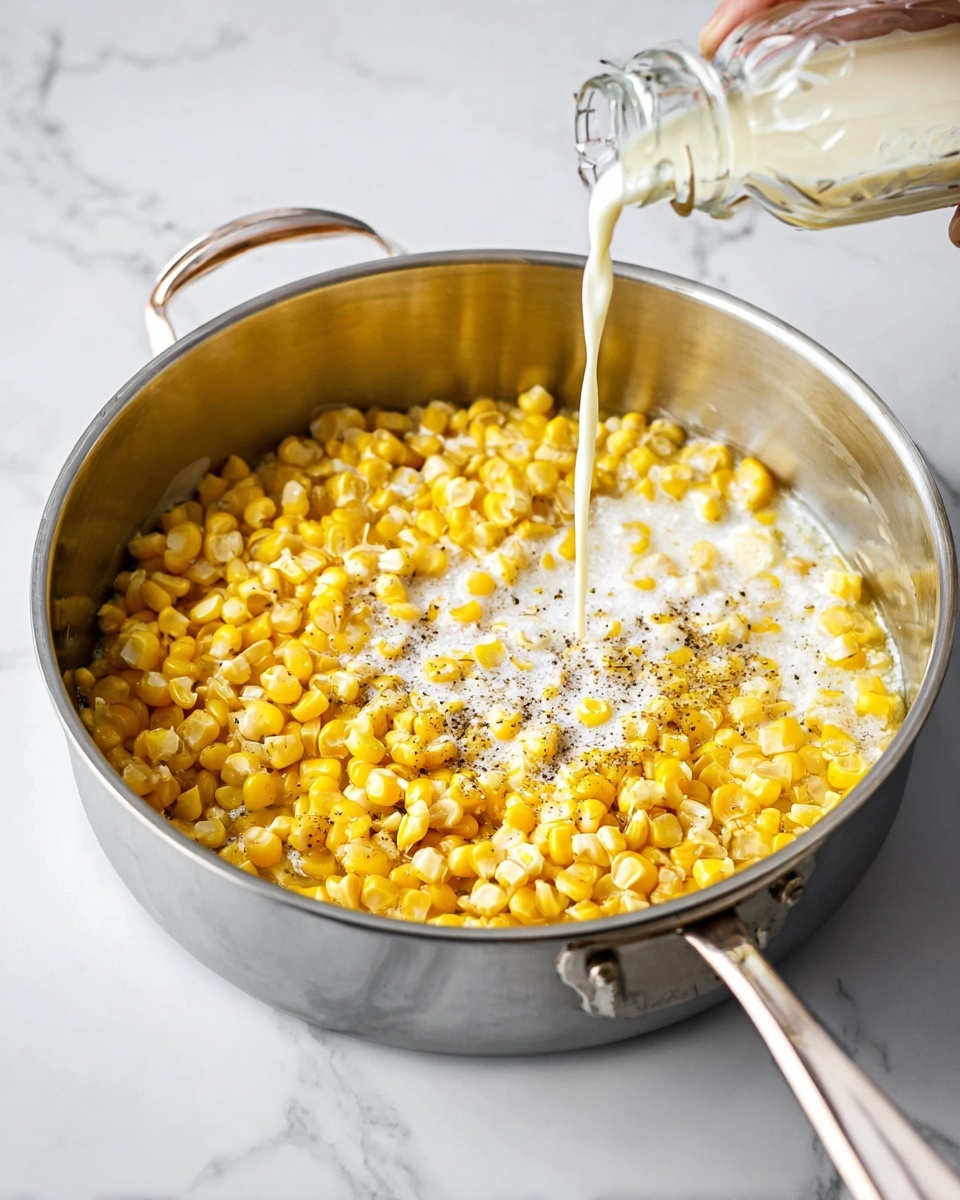 A shiny silver pan with a handle contains three main layers: melted butter at the bottom with a light golden color and oily texture, bright yellow corn kernels spread evenly on top of the butter, and creamy white liquid being poured from a glass bottle by a woman's hand onto the corn, with some black pepper sprinkled over the liquid. The pan sits on a white marbled surface. photo taken with an iphone --ar 4:5 --v 7