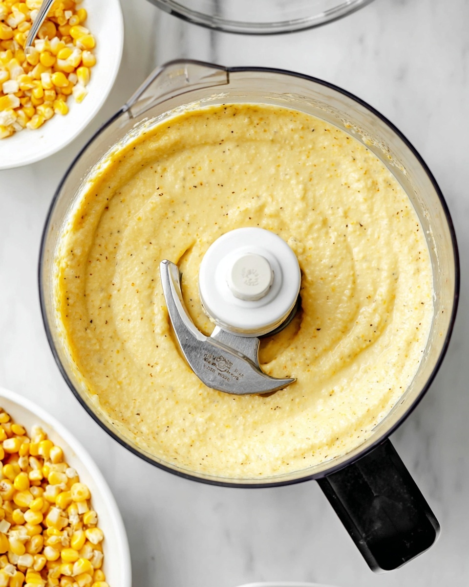 The image shows a close-up top view of a food processor filled with a creamy yellow mixture that looks smooth with a slightly textured surface. The mixture fills the bowl evenly with small black specks visible, likely seasoning. Inside the food processor, there is a white plastic blade attachment with a silver curved blade placed in the center, partially submerged in the mixture. The food processor is on a white marbled surface, and above it, the transparent lid of the food processor is slightly off to the side. Below the processor, part of a white bowl filled with whole corn kernels mixed with a creamy liquid and a silver spoon is visible. Photo taken with an iphone --ar 4:5 --v 7