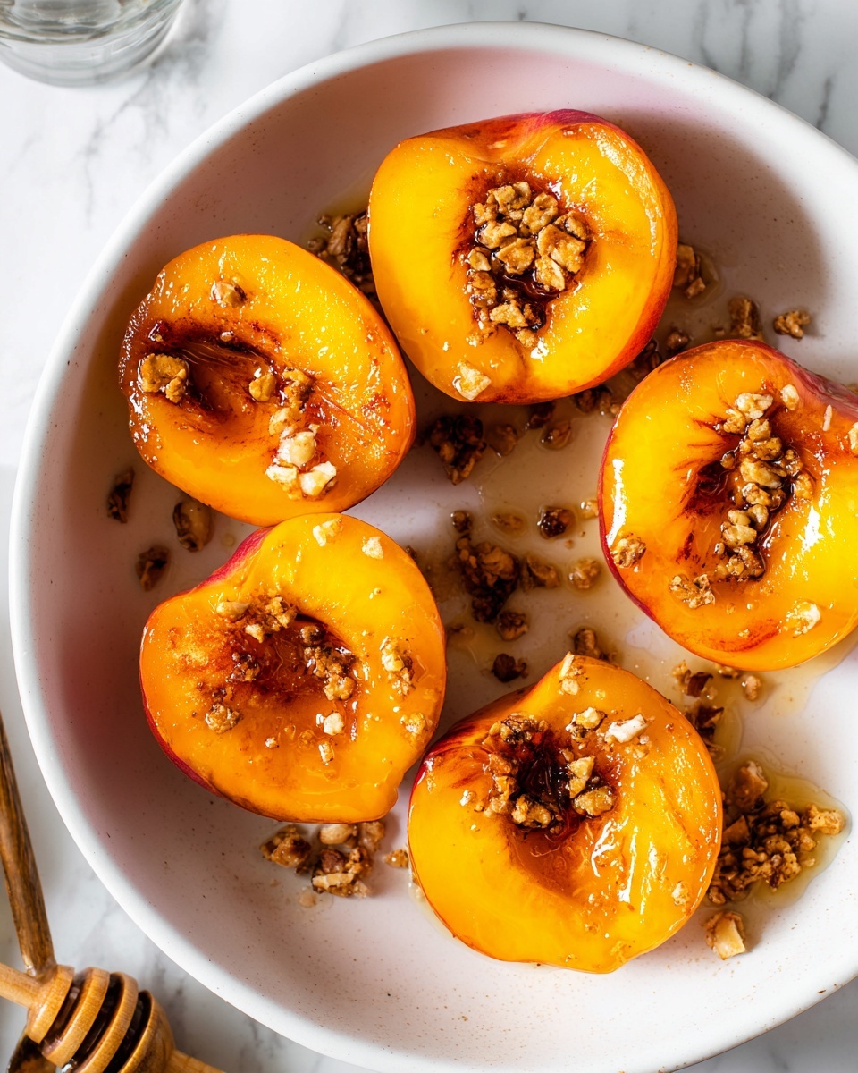 The image shows six halves of bright orange apricots arranged in a white bowl. Each apricot half is topped with small pieces of crunchy granola and thin slices of almonds, giving texture on the juicy, glossy fruit surface. Honey is drizzled over the apricots, creating a shiny layer that pools slightly in the centers. The white bowl rests on a white marbled surface, and the scene is lit softly to highlight the vivid colors and textures. photo taken with an iphone --ar 4:5 --v 7