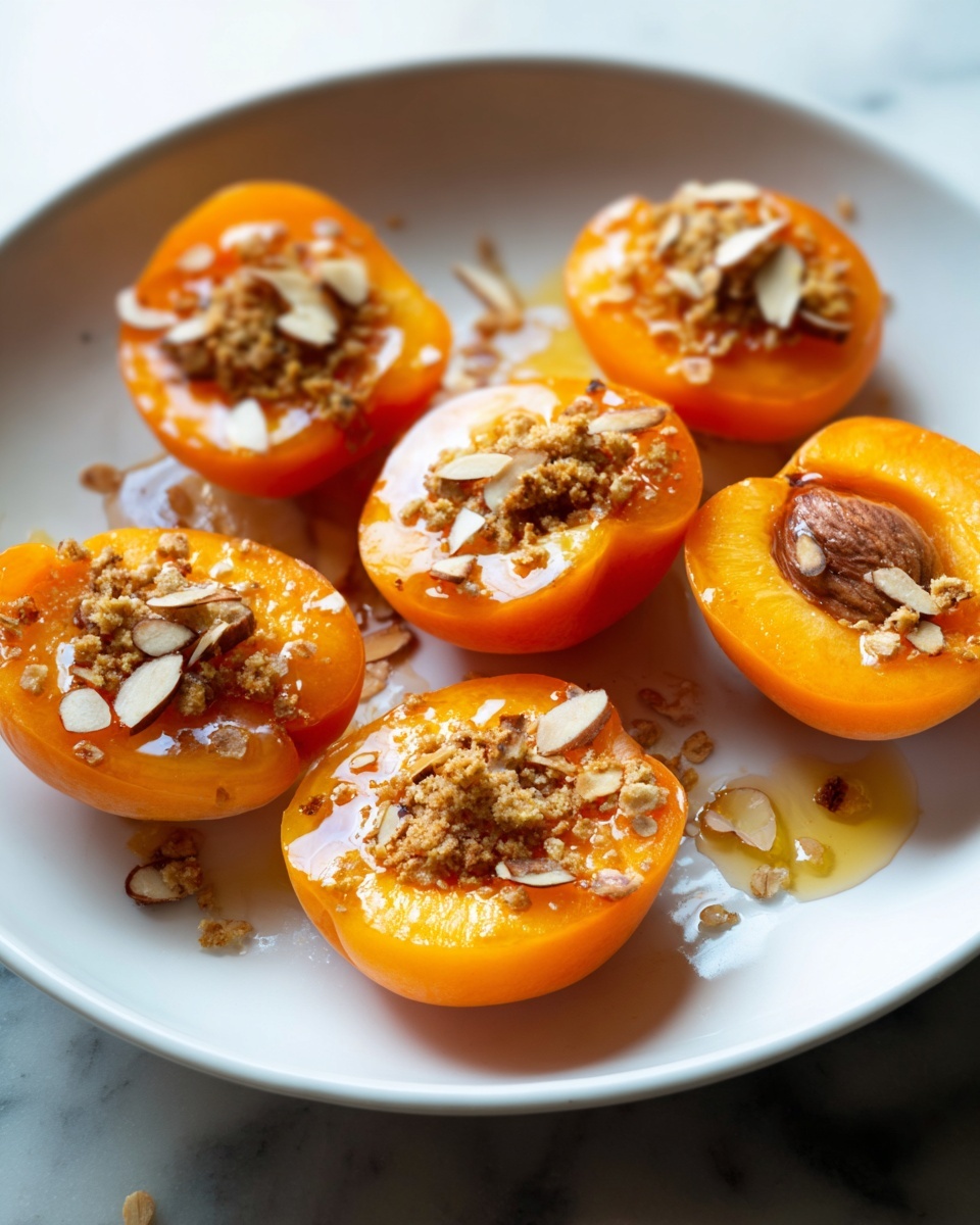 The image shows five halves of bright orange roasted peaches placed inside a white shallow bowl. Each peach half has a shiny, caramelized surface with some browned spots, giving a warm, sweet look. Small clusters of crunchy, light brown granola and toasted nut slices are scattered on top and around the peaches, adding texture and interest. The bowl sits on a white marbled surface with a honey dipper partially visible to the side. The overall look is fresh, warm, and inviting with a focus on the rich orange peaches and sprinkled crunchy topping photo taken with an iphone --ar 4:5 --v 7