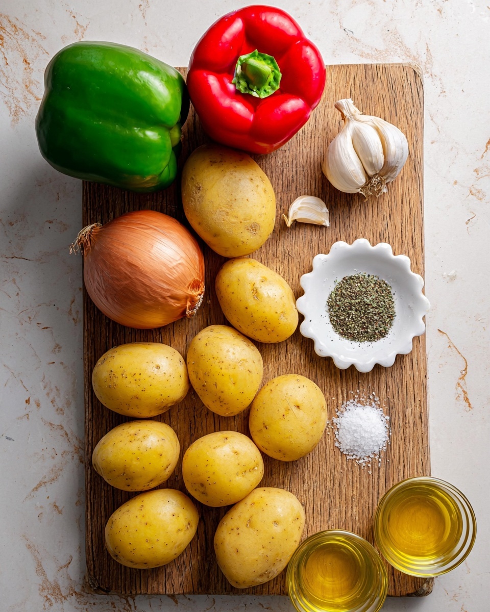 A wooden cutting board placed on a white marbled surface holds fresh ingredients: a green bell pepper and a red bell pepper positioned at the top left, a brown onion near the top center, and two garlic cloves to the right of the onion. Below these vegetables are nine yellow potatoes spread out in two rows. At the top right corner of the board sits a white scalloped dish containing black pepper, dried green herbs, and coarse salt arranged in three small piles. At the bottom right of the board, there are two small clear glass bowls, one filled with a golden yellow liquid and the other with a slightly darker liquid. The image has soft natural lighting, and the focus is sharp, highlighting the fresh textures of the vegetables and spices, photo taken with an iphone --ar 4:5 --v 7