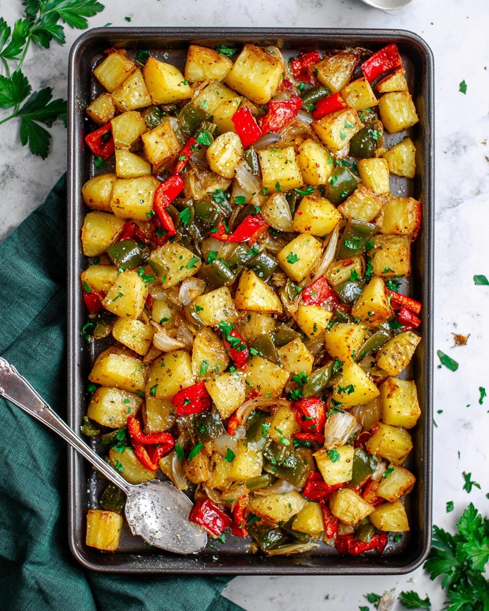 A white oval plate holds a colorful mix of roasted vegetables arranged in one layer, with cubed golden-brown potatoes forming the base. Scattered evenly among the potatoes are chopped pieces of red and green bell peppers and translucent, slightly browned onion chunks. Fresh green parsley leaves are sprinkled on top, adding bright green spots and a fresh look. A silver spoon with a decorative handle rests on the plate's edge, partly under the vegetables. The plate sits on a white marbled surface, with a green cloth partially visible on the left side, and two small white bowls with herbs and pepper on the upper right side. Photo taken with an iphone --ar 4:5 --v 7