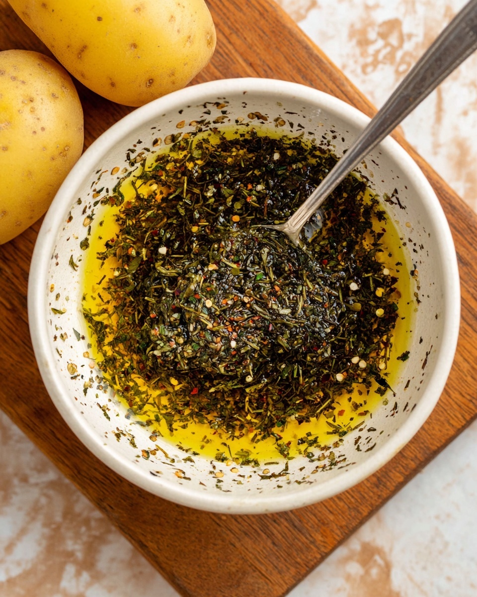 The dish features a white oval plate filled with two main layers: the bottom layer is golden baked potato wedges with light browning and a crispy texture, scattered evenly, while the top layer consists of bright green roasted broccoli florets with some charred edges mixed throughout. Small bits of finely grated pale yellow cheese are sprinkled over the top. There are three lemon wedges placed on the plate, one at the bottom right, one on the top right edge, and one near the middle right. The plate sits on a white marbled surface with some fresh green parsley scattered around it, and a silver spoon is placed on the left side of the plate resting partly under the food. Nearby are additional lemon wedges, a whole lemon, and small bowls with green herbs and white salt. A green cloth napkin is partially visible in the lower left corner. Photo taken with an iphone --ar 4:5 --v 7
