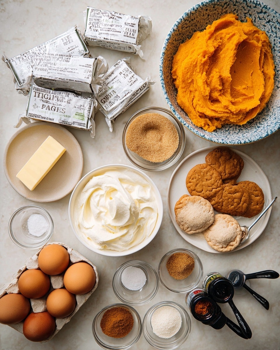 The image shows ingredients for a dessert recipe laid out on a white marbled surface. In the top right, there is a white bowl with blue speckles filled with bright orange pumpkin puree, next to a stick of unsalted butter. To the left, there are five wrapped silver packages of cream cheese stacked in two rows. Below the butter, a white round bowl contains thick white cream. There is a measuring cup full of brown sugar placed near the center. In the bottom left corner, four brown eggs sit in a white carton. There are two small black spoons with white powders and two small glass bowls with light brown and white sugars scattered around. A small light plate holds assorted ground spices in different brown and beige shades. Two small dark bottles of vanilla and maple flavoring are positioned near the bottom right. A round transparent container filled with round ginger snap cookies is placed near the left side of the layout. photo taken with an iphone --ar 4:5 --v 7
