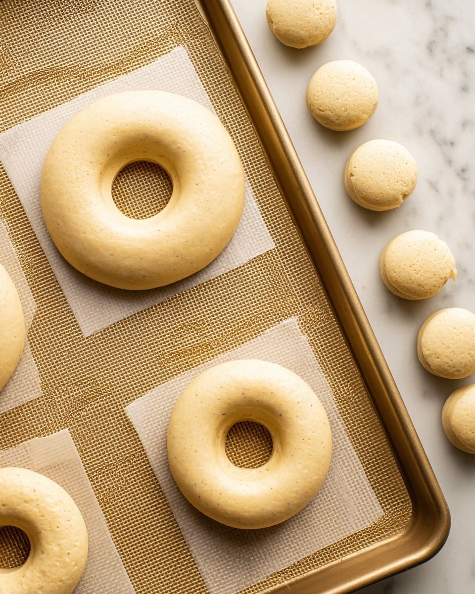 The image shows a baking tray with unbaked doughnuts and small round dough pieces on parchment paper. There are three light beige doughnuts with smooth surfaces and clear holes in the middle, each resting on separate square sheets of parchment. Beside them on the right side, there are seven small round dough pieces in two rows along the tray's edge, with one piece showing a slight crack on top. The baking tray has a textured surface and is placed on a white marbled background. The dough looks soft and slightly thick with tiny dark specks evenly spread throughout. photo taken with an iphone --ar 4:5 --v 7