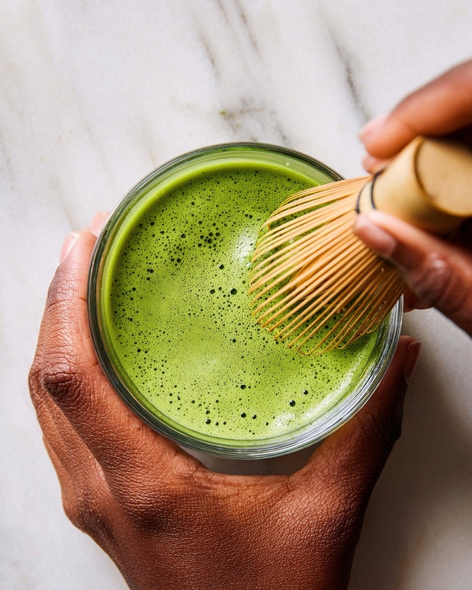 In the image, a pair of dark-skinned hands are holding a clear glass bowl filled with bright green matcha tea that shows a light layer of foam and small bubbles on the surface. One woman's hand is using a traditional bamboo whisk with fine tines to stir the vibrant green liquid. The bowl sits on a white marbled surface that adds a clean and elegant look. The green liquid contrasts vividly with the smooth glass and the soft texture of the bamboo whisk. photo taken with an iphone --ar 4:5 --v 7