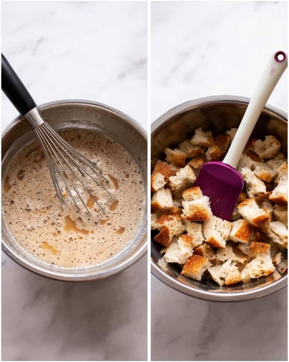 The left side shows a silver metal bowl with a foamy, light brown liquid being mixed with a metal whisk that has a black handle, sitting on a white marbled surface. The right side shows the same type of silver metal bowl filled with chunky pieces of white bread with golden brown crusts on top of the liquid, with a purple spatula with a white handle resting inside the bowl, also on a white marbled surface. Photo taken with an iphone --ar 4:5 --v 7