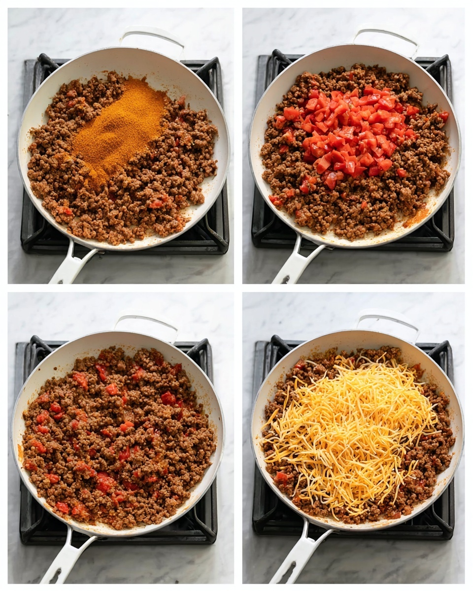 Four images show a white pan on a stove with a white marbled background. The first image shows a base of cooked ground meat with two piles on top: one of orange spice powder and one of red diced tomatoes. The second image shows the meat now mixed with the tomatoes and spice into a brown and red textured mixture. The third image shows shredded yellow cheese added on top of the mixed meat and tomatoes. The last image shows the cheese mixed in, creating a more blended mixture with brown, red, and yellow tones all together. Photo taken with an iphone --ar 4:5 --v 7