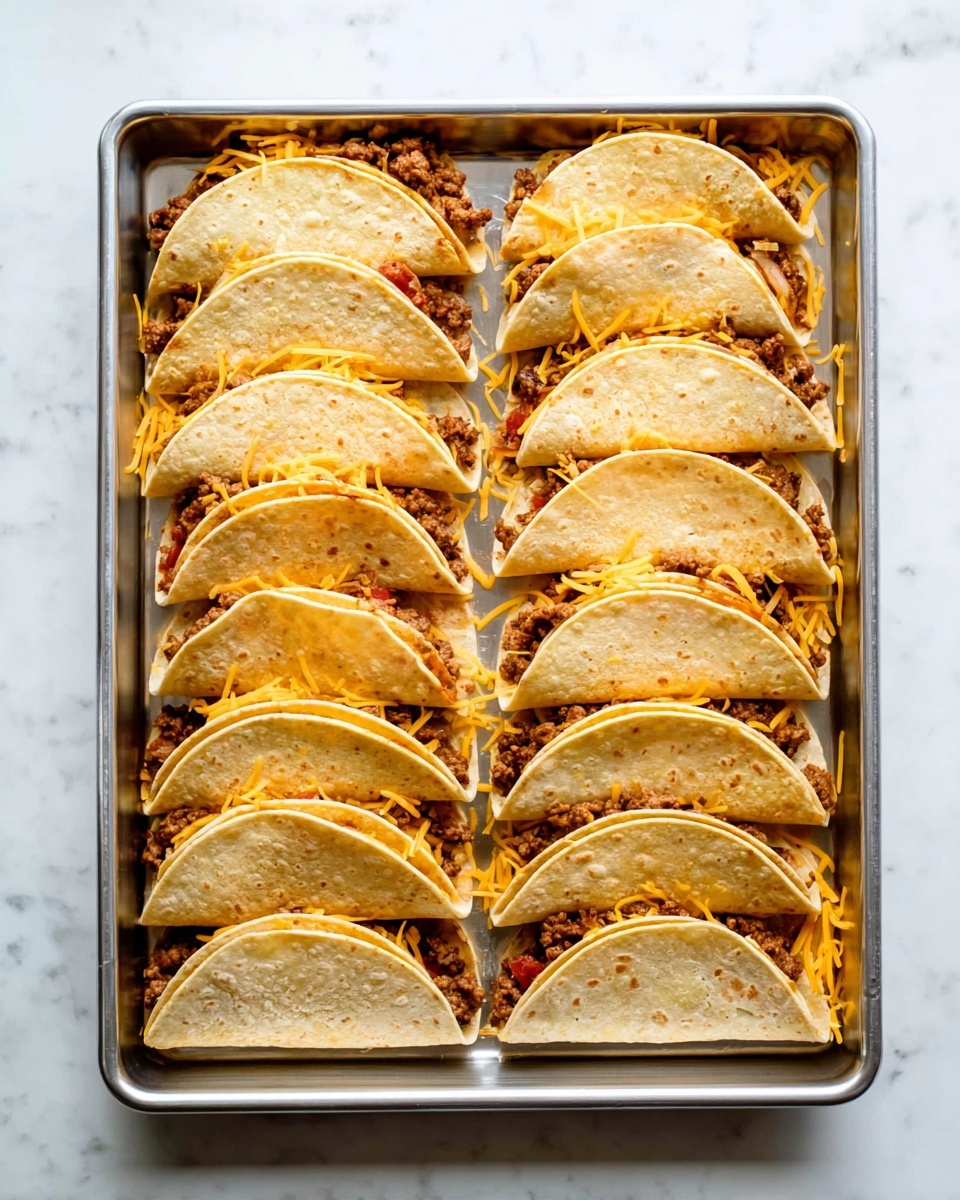 This image shows many small tacos arranged closely on a silver tray placed on a white marbled surface. Each taco has a soft, light yellow tortilla folded into a half-moon shape. Inside, there are two visible layers: a dark brown cooked meat layer mixed with bits of red sauce and orange melted cheese, topped with small green herb sprinkles. Around the tacos, there are bright green lime wedges and two small white bowls, one filled with chunky green guacamole and the other with smooth red salsa. The colors are warm and inviting, with a mix of yellow, brown, green, and red hues. photo taken with an iphone --ar 4:5 --v 7
