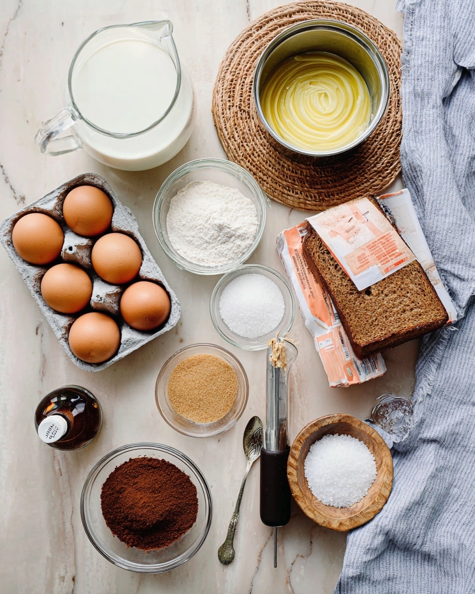 The image shows various baking ingredients arranged neatly on a white marbled surface. In the bottom left corner, there is a clear measuring jug filled with milk, and to its right, a small saucepan on a woven mat contains melted butter with yellow swirls. Above the saucepan, a pack of sliced bread with an orange and pink wrapper lays partially open. Near the center, a small glass bowl holds a packed light brown substance, likely brown sugar, and in front of it lies a white measuring spoon filled with white granulated sugar. A small glass bowl filled with cocoa powder with a silver spoon inside it sits near the top left, next to a margin of a round white bowl with a brown inside rim holding a light beige liquid. Six brown eggs rest in a simple gray carton on the left side. A dark brown bottle, possibly vanilla extract, with its cap off is near the center. In the top right, a small wooden bowl contains coarse white salt crystals, and a blue and white towel peeks from the right edge. The overall color palette is neutral with warm earthy tones, soft textures, and a calm, orderly presentation. photo taken with an iphone --ar 4:5 --v 7