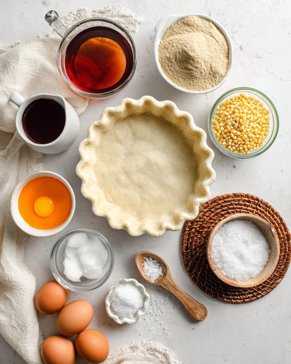 A top view of a white pie crust with light beige baking beads inside, placed on a white marbled surface. Surrounding it are several small containers holding ingredients: a glass cup with dark amber liquid, a white cup with bright orange liquid on a braided brown mat, a clear glass bowl with light brown sugar, a small scalloped white bowl with yellow cornmeal, a glass cup with foamy white liquid, a small round white bowl with a bright orange egg yolk, and a wooden bowl with white coarse salt. There are three whole brown eggs resting on a cream-colored cloth near the bottom left, and a marble container with a spoon filled with salt at the lower center. Photo taken with an iphone --ar 4:5 --v 7