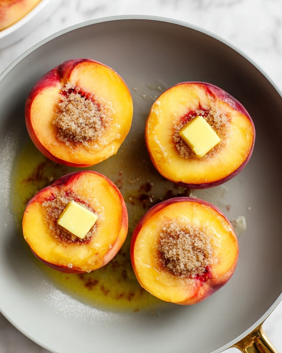 The image shows four peach halves arranged inside a gray pan with a golden handle. Each peach half has a small yellow butter square placed in the hollow center, topped with a layer of brown sugar crystals that create a grainy texture. The peach flesh is a bright mix of orange and yellow with red streaks near the pit areas. There is a golden liquid, likely melted butter or oil, pooling around the peaches at the bottom of the pan. The background shows a white marbled surface. photo taken with an iphone --ar 4:5 --v 7