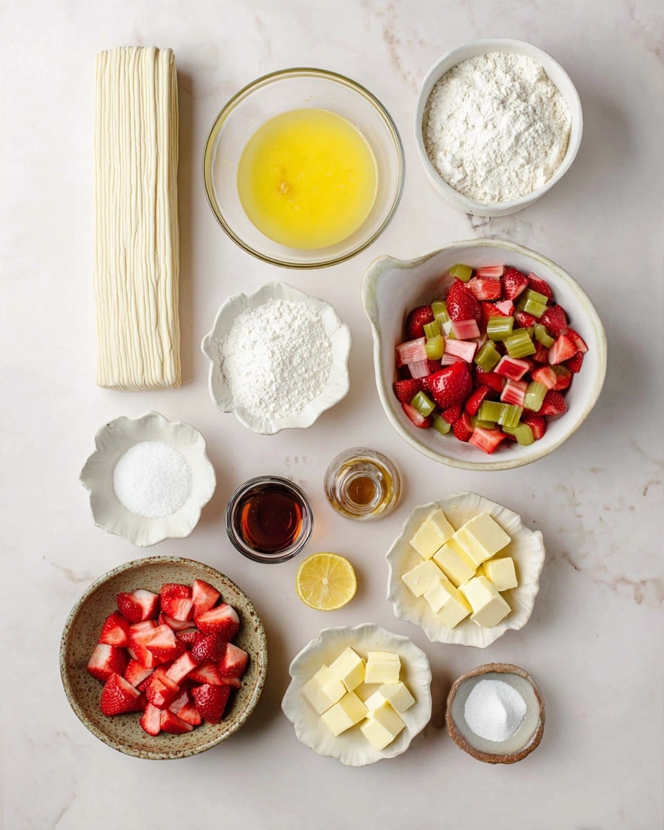 The image shows a white marbled surface with several small white flower-shaped bowls arranged neatly. There is a long flat sheet of dough folded on a beige cloth on the left. On the top center, a clear glass bowl holds a beaten yellow egg mixture. To the right, a white bowl with a small handle is filled with bright red and green chopped rhubarb pieces. Below it, a rustic bowl contains fresh sliced strawberries. Around these, smaller bowls hold white powdery flour, granulated sugar, coarse sugar, an amber bottle of vanilla extract, and three small cubes of yellow butter. In the center, a half lemon slice sits bright yellow next to the bowls. The arrangement is clean and organized, showing the ingredients for a fresh fruit bake. photo taken with an iphone --ar 4:5 --v 7