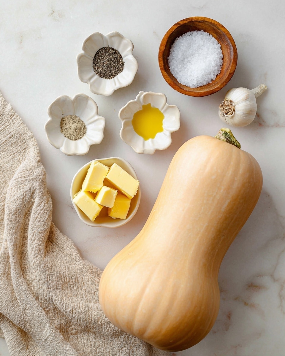 A large, smooth butternut squash with pale orange skin sits on the right side of a white marbled surface. To its left are four small white flower-shaped dishes, arranged in a loose square shape: the top left dish holds black pepper, the top right holds a small amount of light yellow lemon juice, the bottom left holds several rectangular blocks of bright yellow butter, and a whole white garlic bulb sits between the bottom left and top right dishes. A small wooden bowl filled with coarse white salt is placed above the squash, and a soft beige textured cloth lies partially folded in the bottom left corner. Photo taken with an iphone --ar 4:5 --v 7