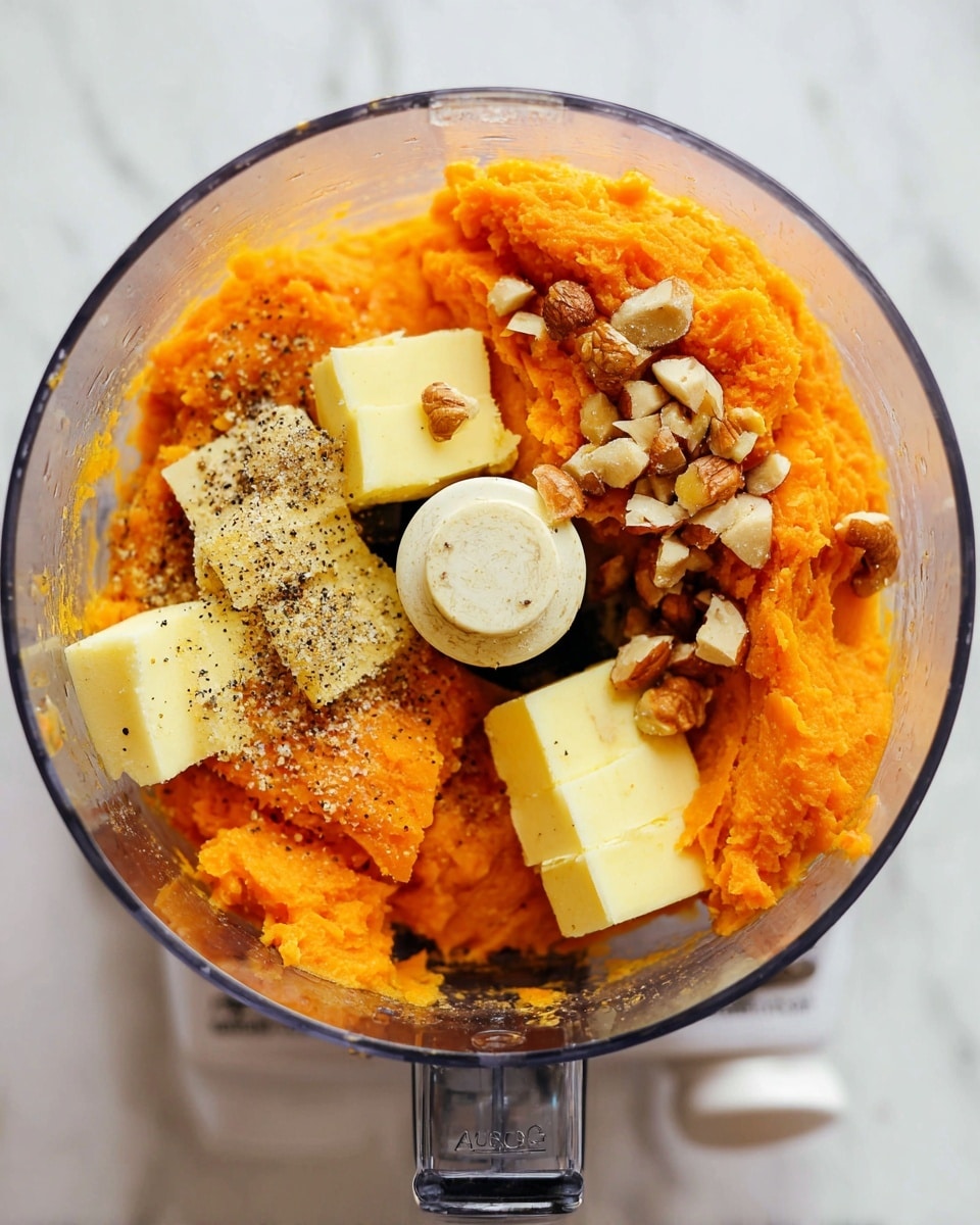 The image shows a clear food processor bowl filled with three main layers of ingredients. The bottom layer is bright orange mashed sweet potato with a smooth but slightly chunky texture. On top of that, there are small pieces of pale-yellow butter placed on the right side. Scattered around are small nut chunks that look light tan. The ingredients are sprinkled with coarse salt and black pepper evenly across the surface. The food processor is placed on a white marbled surface, and the photo is taken from above with soft natural light. photo taken with an iphone --ar 4:5 --v 7