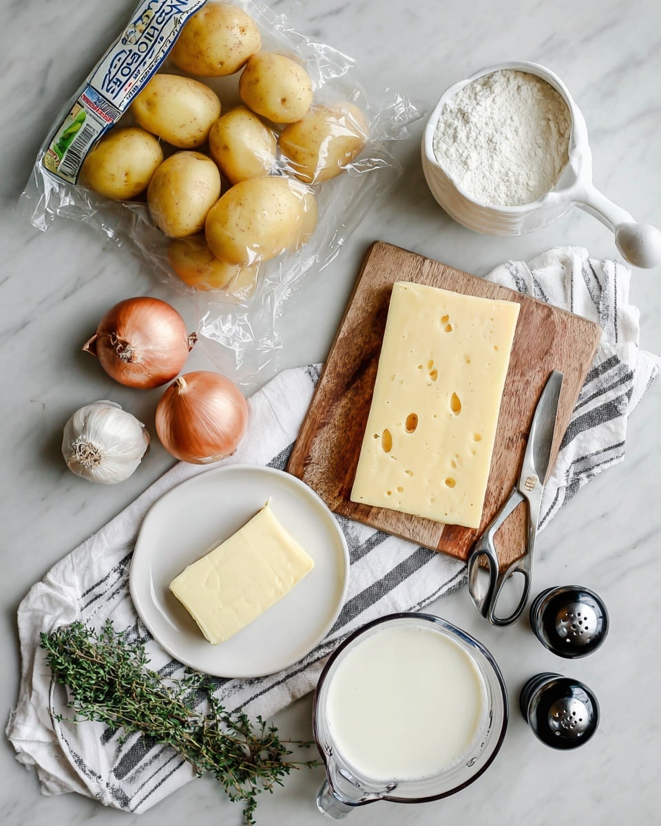 The image shows a kitchen scene with various cooking ingredients placed neatly on a white marbled surface. In the top left, there is a clear plastic bag holding several small yellow potatoes. Below the potatoes, two brown shallots rest on a white and gray striped cloth, near a whole bulb of garlic. A small white plate holding a block of pale yellow butter is near the bottom left. To the right, a white measuring cup filled with a creamy white substance is on the cloth. Above it, a small clear glass bowl contains white flour. On the right side, a wooden cutting board holds a thick square piece of pale yellow cheese with some small holes, and next to it lies a small bunch of green thyme with black scissors resting beside them. Near the top right, a clear glass measuring jug is filled with white milk, and next to it are black and silver pepper and salt grinders. Photo taken with an iphone --ar 4:5 --v 7