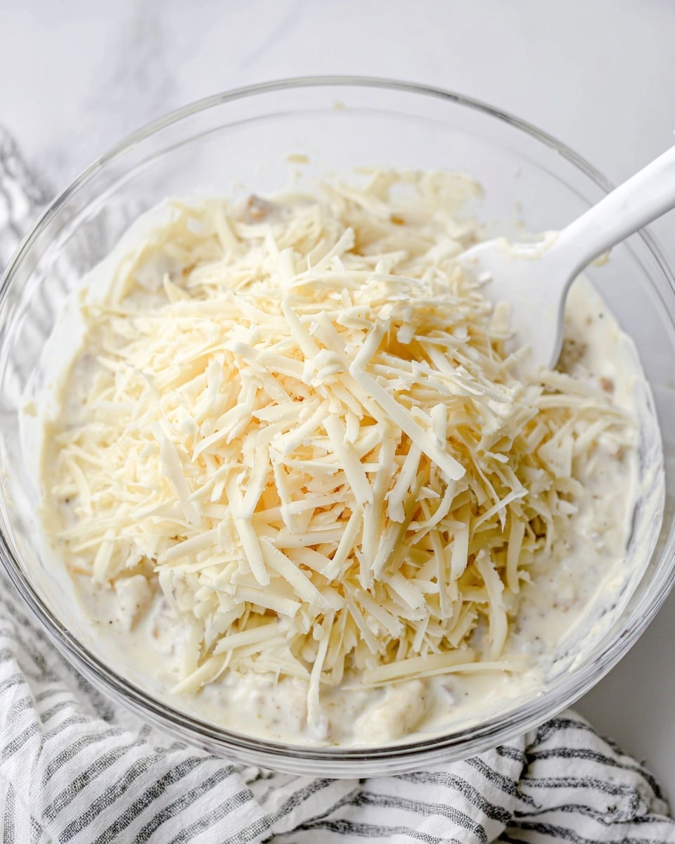 A clear glass bowl is filled with a creamy white sauce with small chunks of food inside, topped with a large pile of shredded pale yellow cheese with thin, rough strands covering the surface. A white spatula is placed on the right side inside the bowl, partially buried under the cheese. The bowl rests on a striped white and gray cloth, and the background is a white marbled texture. photo taken with an iphone --ar 4:5 --v 7