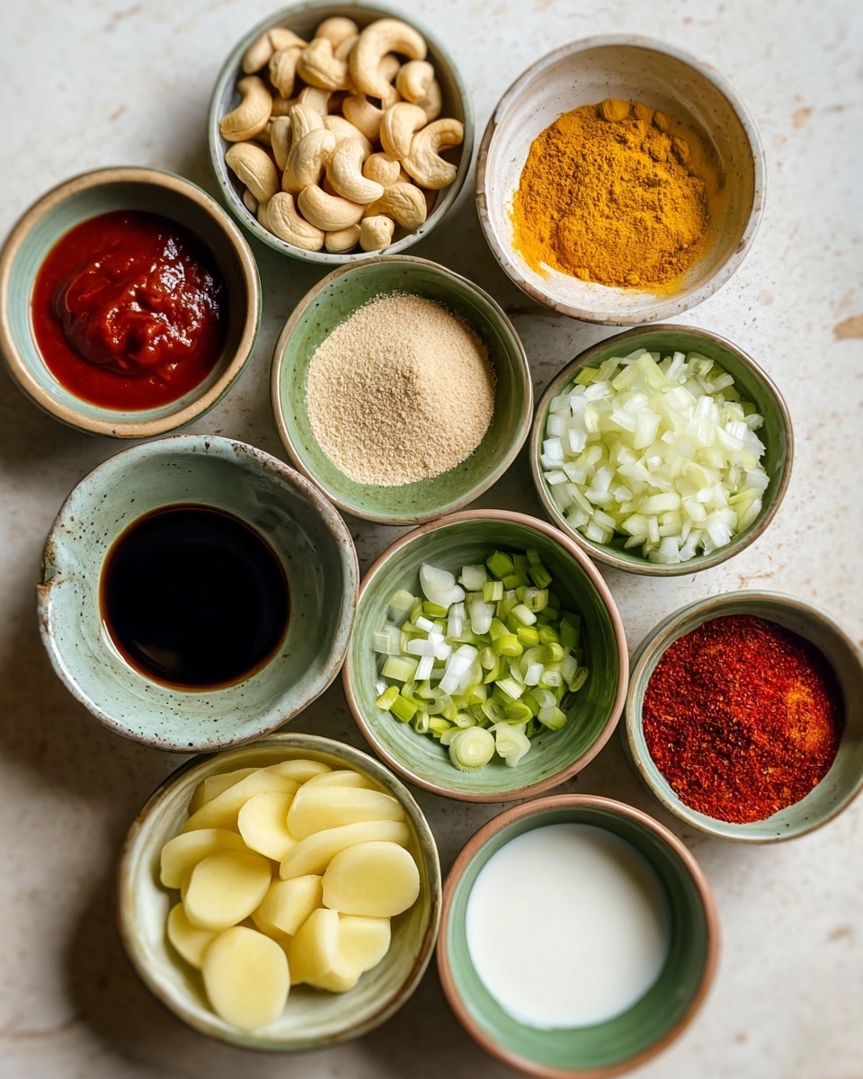 The image shows twelve small bowls arranged on a white marbled surface, each filled with different ingredients. Starting from the top, there is a bowl filled with light brown cashew nuts, next to a bowl with four types of powdered spices in yellow, orange, and beige colors. Below are a bowl of bright red sauce, a bowl of greenish-yellow oil, and a bowl of finely chopped white onions. In the middle, there is a bowl filled with pale yellow sliced rounds, likely potatoes, and a bowl with dark soy sauce. On the left side, there is a bowl of beige powder, a bowl with dark red paste, and a bowl with coarsely chopped green onions. Toward the bottom right, there is a bowl of white creamy liquid and a bowl filled with bright red chili powder. The bowls are mostly round with a greenish or beige outer rim, and the overall color theme is warm and natural. Photo taken with an iphone --ar 4:5 --v 7