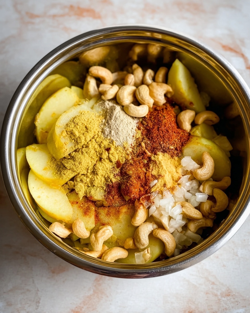 A close-up view of a bowl filled with creamy orange macaroni and cheese topped with a piece of red-orange kimchi in the center. The macaroni is thick and richly coated in the sauce, showing a smooth yet chunky texture. The bowl is ceramic with earthy green tones and is placed on a dark green cloth on a white marbled surface. Part of another similar dish and a pan with more macaroni and cheese are visible around the main bowl. photo taken with an iphone --ar 4:5 --v 7