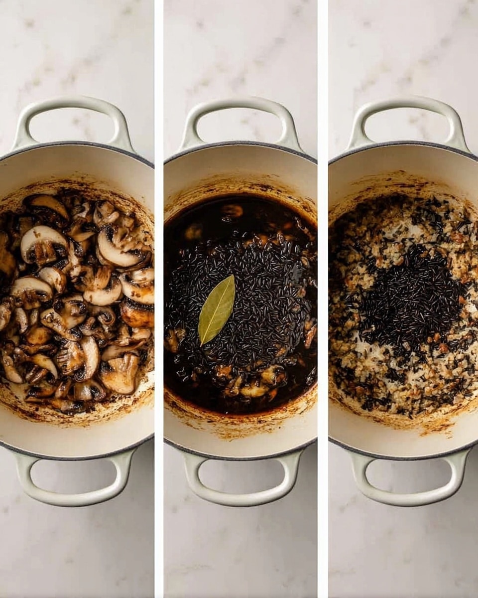 The image shows three side-by-side views of a white pot on a white marbled surface. In the first view, the pot contains small sliced mushrooms with a dark browned texture and bits of browned residue around the edges. In the second view, approximately half of the mushrooms remain, and a pile of black wild rice and a bay leaf sit on top. The third view shows the wild rice spread out, mixing with the mushrooms and bay leaf, sitting in a dark liquid inside the pot. The pot’s handles are visible on the sides. Photo taken with an iphone --ar 4:5 --v 7