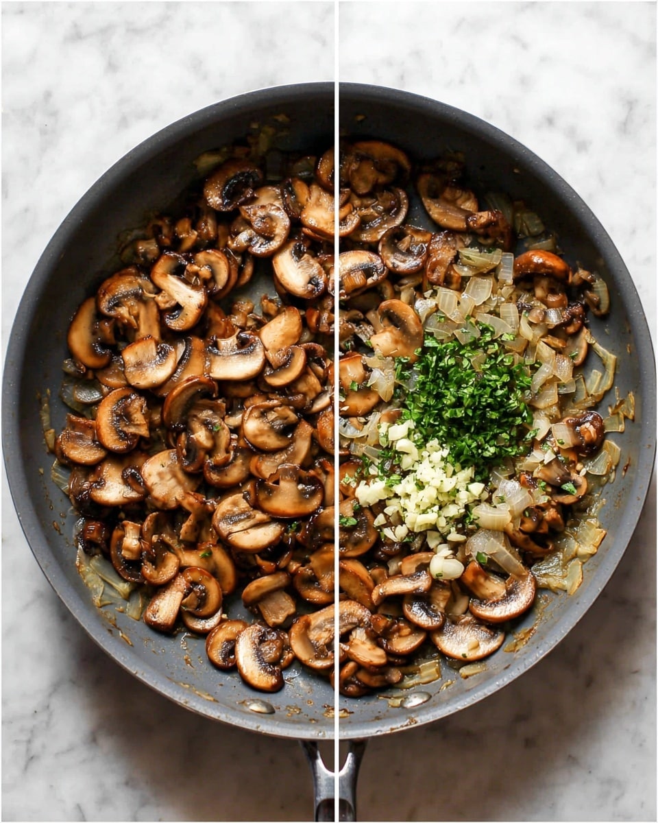 The image shows two side-by-side views of a gray non-stick pan filled with cooked mushrooms and onions. The mushrooms are sliced, brown, and spread evenly over the surface, mixed with small pieces of translucent cooked onion. In the right view, on top of the mushrooms and onions, there is a small pile of chopped garlic and fresh green herbs placed centrally. The pan rests on a white marbled surface. The lighting highlights the textures of the cooked mushrooms and onions clearly. Photo taken with an iphone --ar 4:5 --v 7