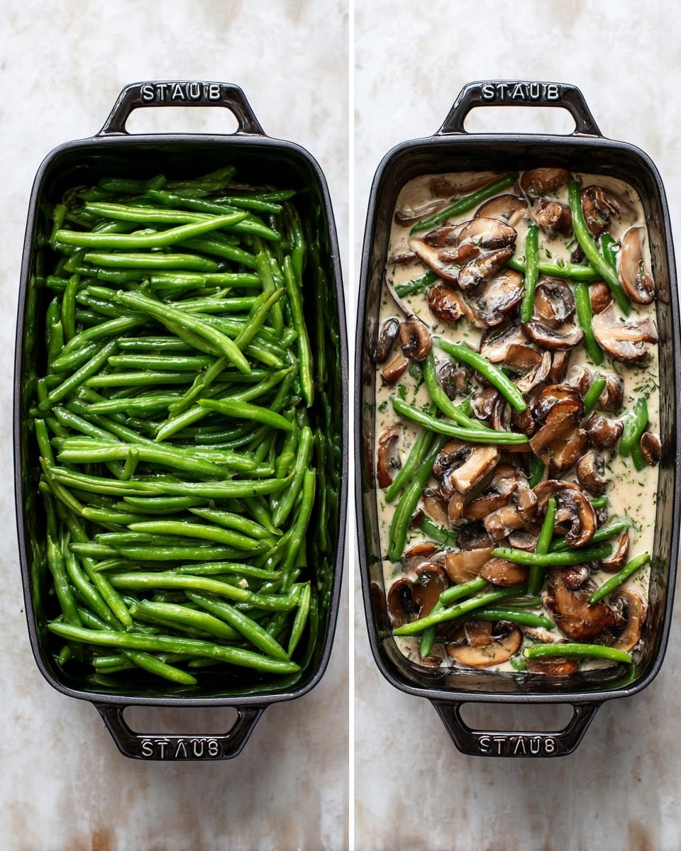 The image shows two black rectangular Staub cookware dishes with handles, placed side by side on a white marbled surface. The left dish is filled with bright green fresh green beans spread evenly in one layer, showing a smooth, shiny texture. The right dish contains a mixture of green beans and sliced mushrooms in a creamy beige sauce. The green beans are mixed throughout and partially covered by the sauce, while the mushrooms are sliced thick and have a brown color with a slightly cooked texture. The sauce appears smooth and coats the vegetables lightly. Photo taken with an iphone --ar 4:5 --v 7