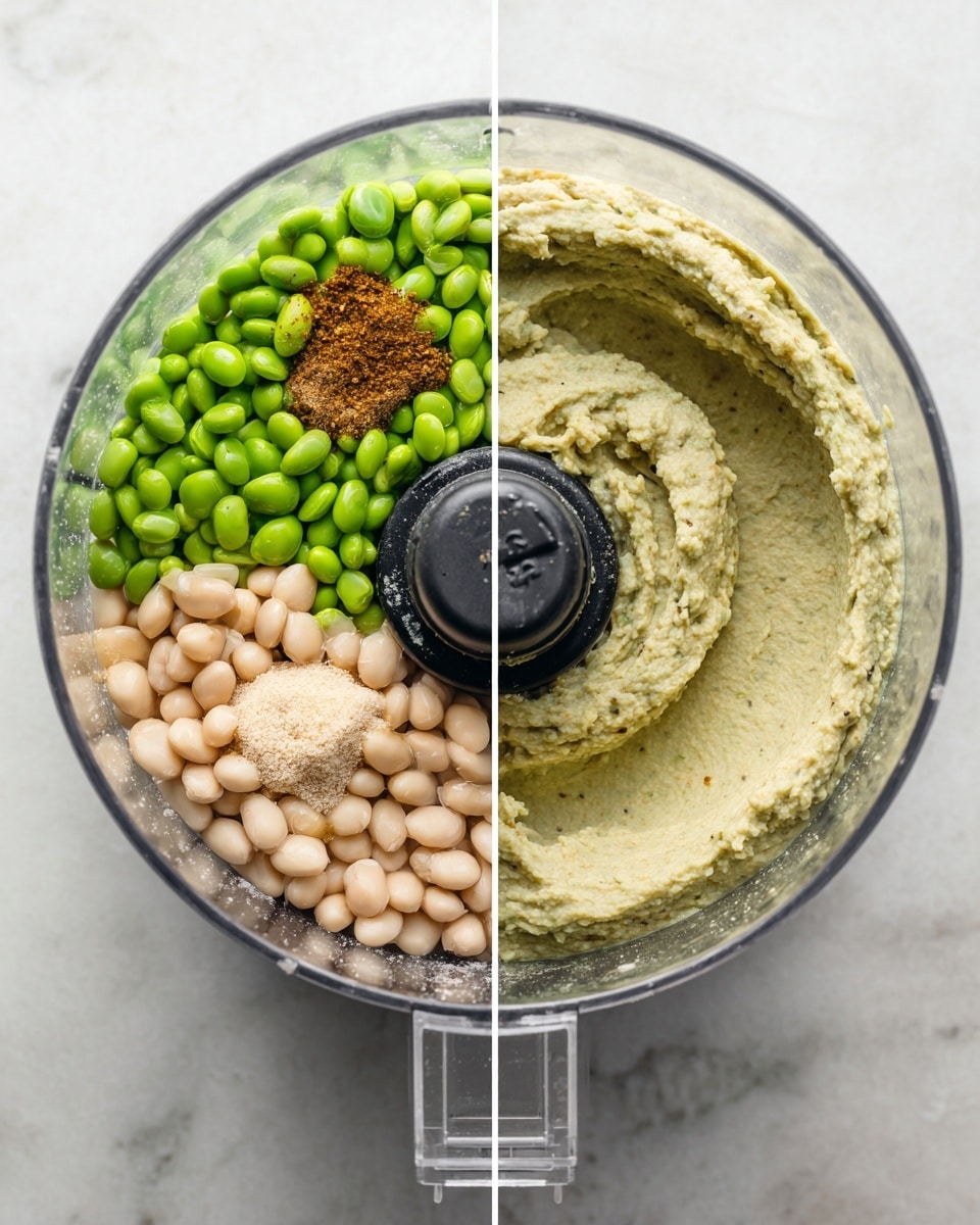 The image shows two clear food processor bowls on a white marbled surface, side by side. The left bowl contains four distinct layers of ingredients: bright green edamame beans clustered on the top left, light beige white beans occupying most of the bottom half, a dollop of pale garlic and beige tahini on the bottom left, and a group of darker, brown spices on the right side, all sitting loosely together without mixing. The right bowl shows the same ingredients blended smoothly into a creamy, pale green hummus with a soft, even texture surrounding the central black blade attachment. photo taken with an iphone --ar 4:5 --v 7