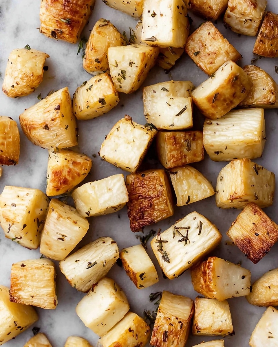 Several pieces of roasted parsnips are spread out, each cut into chunky, uneven cubes. The parsnips have a light golden-brown outer layer with some slightly darker edges showing a roasted texture. Some pieces reveal a creamy white interior, contrasting with the browned skins. Small specks of black pepper and herbs are scattered on the pieces, adding subtle color details. They rest on a white marbled surface that contrasts with the warm tones of the roasted parsnips. photo taken with an iphone --ar 4:5 --v 7