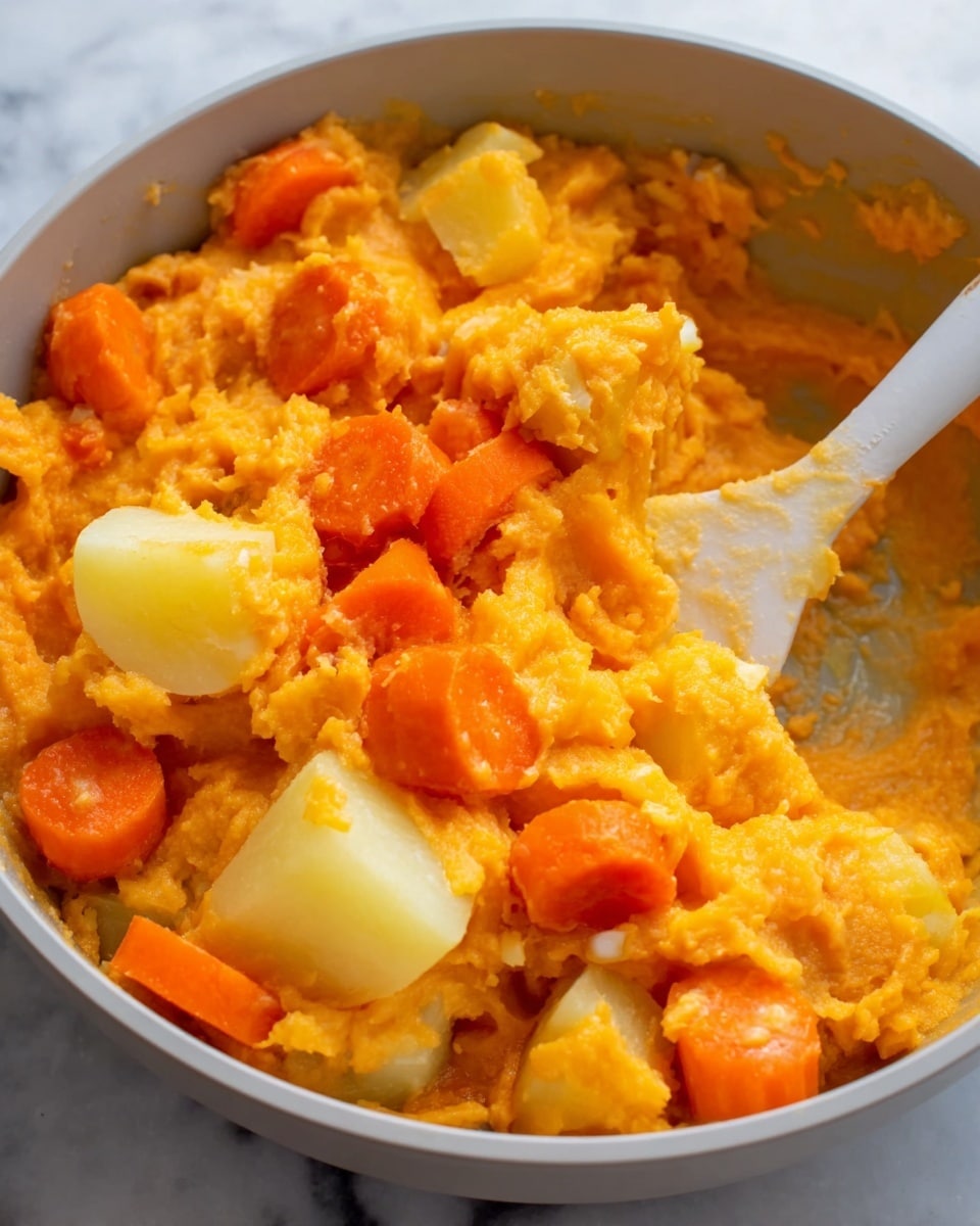 The image shows a close-up of mashed orange sweet potatoes mixed with chunks of light yellow potatoes and slices of bright orange carrots inside a white bowl. A white utensil is partially submerged in the mixture, showing a creamy and slightly chunky texture with visible pieces of potato and carrot. The background surface is white with a marbled texture. photo taken with an iphone --ar 4:5 --v 7