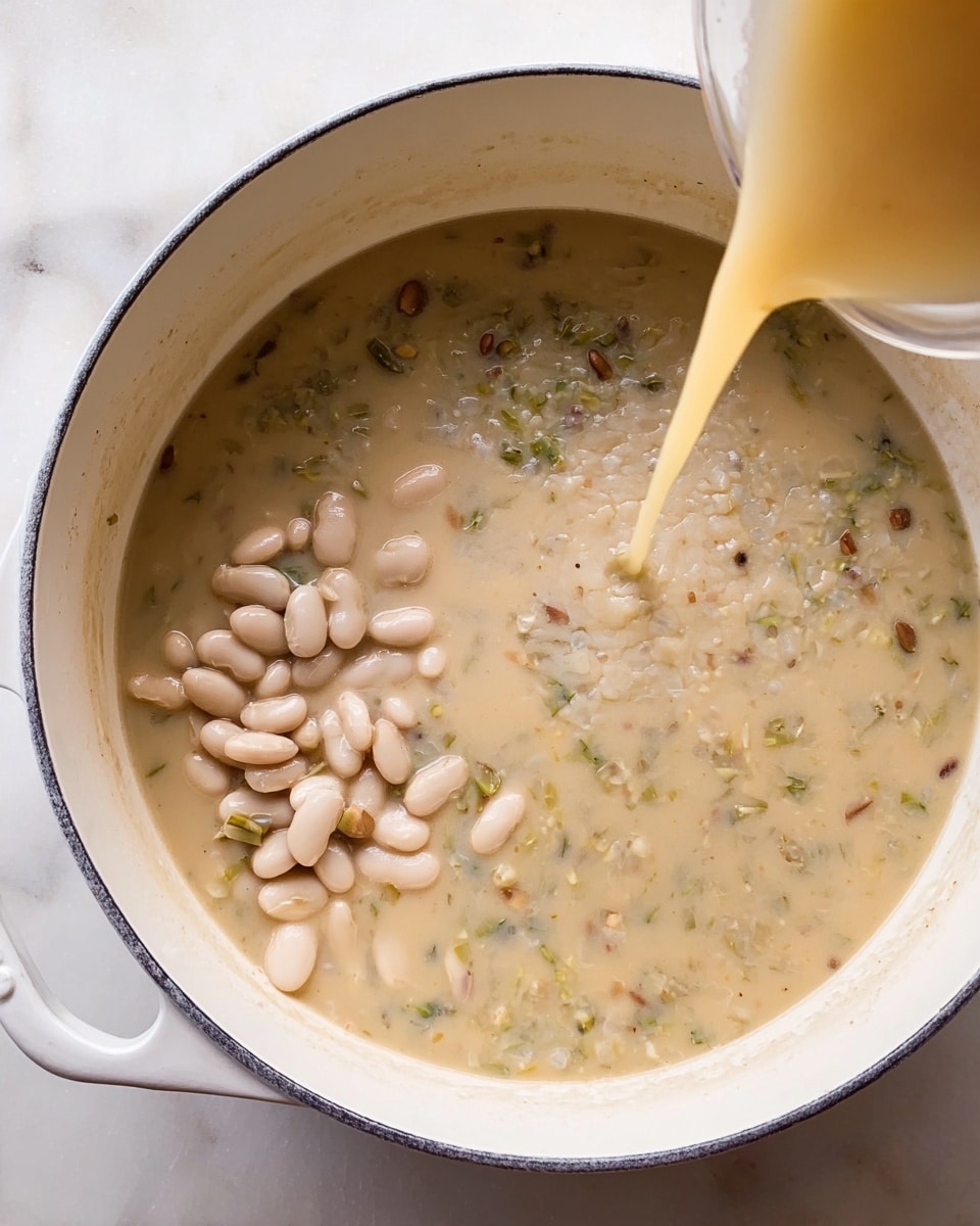 A top-down view of a white pot filled with a thick, creamy beige soup with small green and brown bits throughout, as a pale yellow liquid is being poured slowly into the pot from the right side; near the bottom left of the pot, there is a cluster of whole, soft white beans sitting on top of the soup; the pot rests on a white marbled surface. Photo taken with an iphone --ar 4:5 --v 7