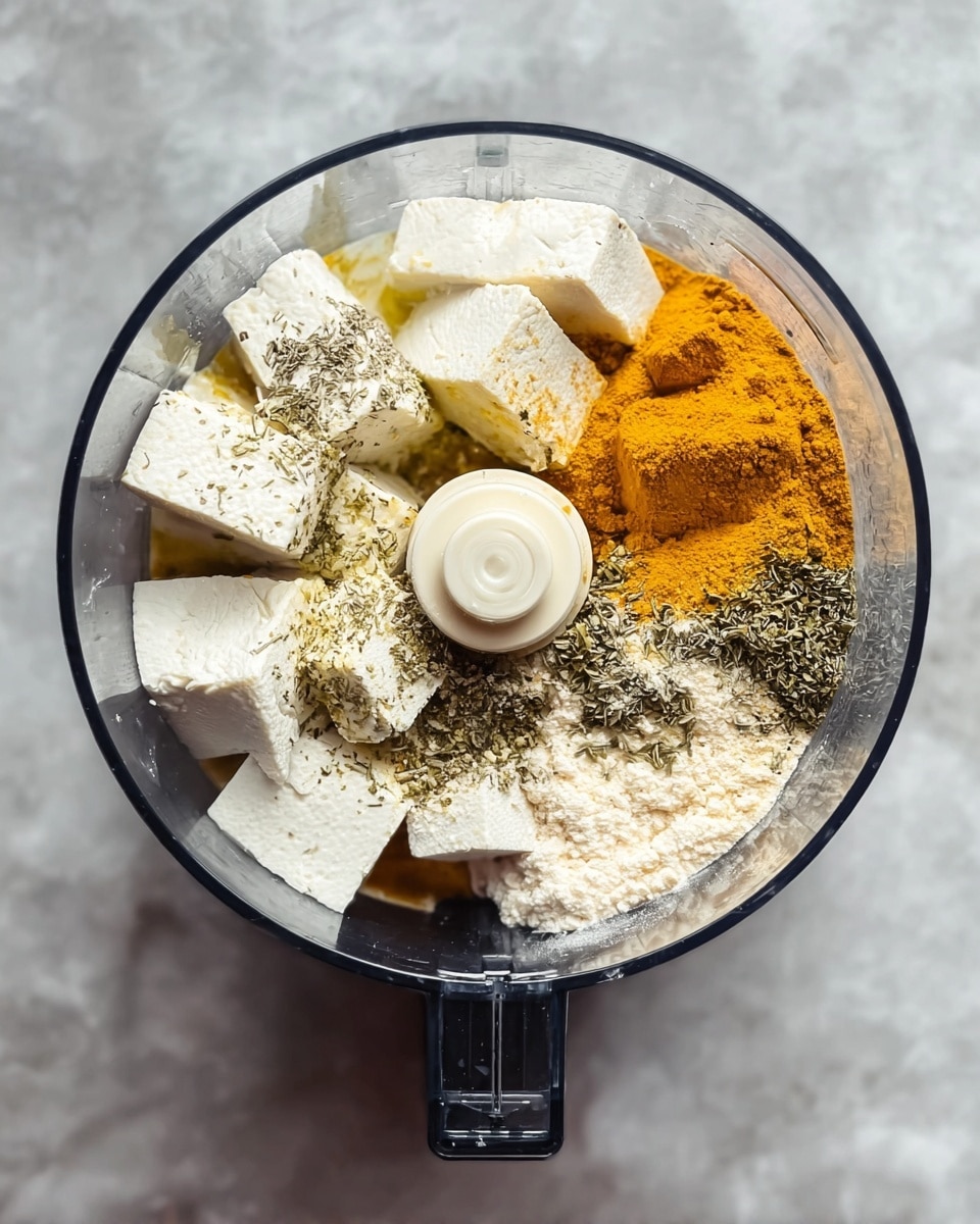 A clear food processor bowl filled with large white cubes of tofu, scattered with various powders and seasonings, including yellow turmeric, light beige flour, and green dried herbs, layered unevenly on top and around the tofu. The food processor is set against a white marbled texture surface. photo taken with an iphone --ar 4:5 --v 7