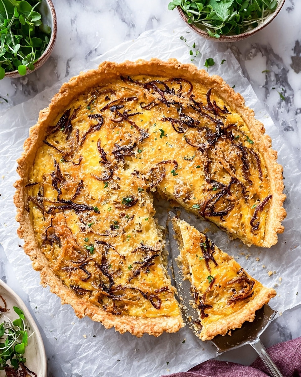 A slice of savory quiche with a light golden crust forms the base layer, topped with a thick, creamy mixture that shows visible pieces of mushrooms and caramelized onions in brown and yellow tones spread evenly. The top layer has melted cheese with a sprinkle of grated cheese, giving a slightly crumbly texture and small burnt spots. The slice is placed on a white plate with fresh green leafy vegetables on the side and a shiny silver fork resting nearby on a white marbled surface. Photo taken with an iphone --ar 4:5 --v 7