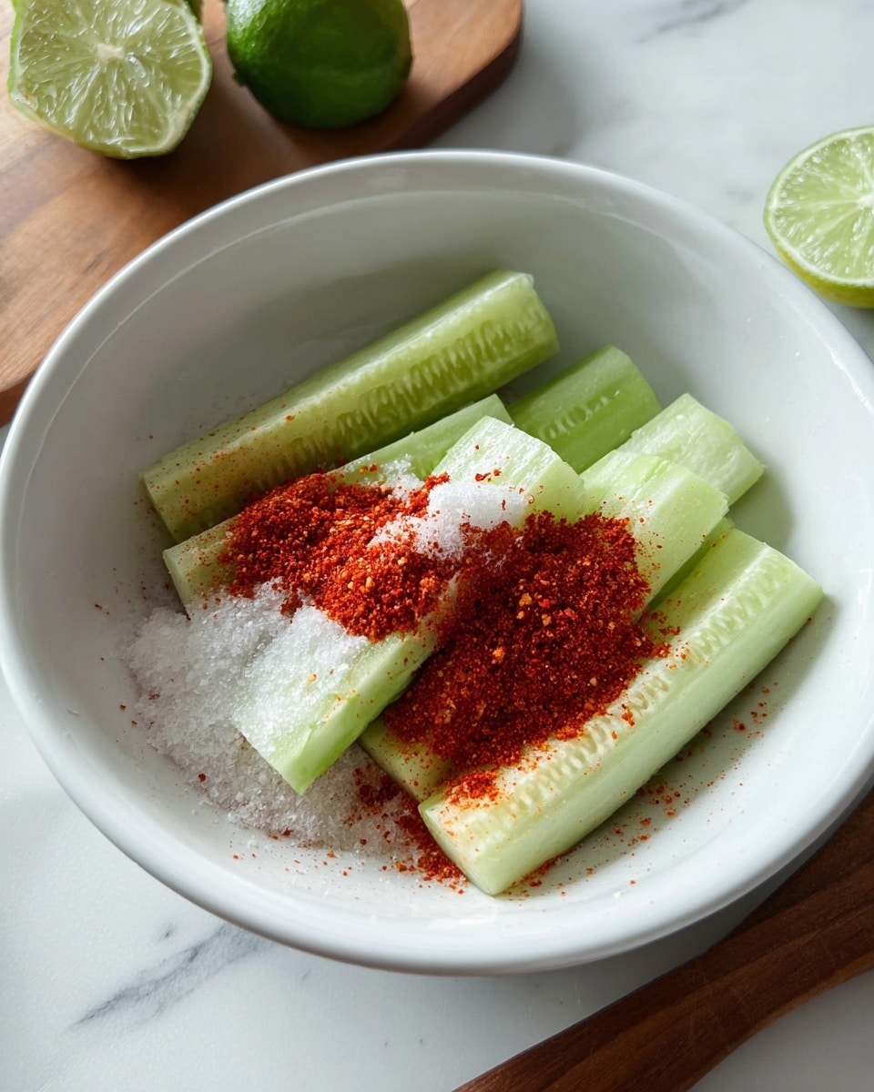 In a white bowl, there are about ten cucumber sticks placed on the bottom, light green with smooth skin and a watery texture. On top of these cucumber sticks, there is a pile of coarse white salt and a generous sprinkle of bright red chili powder, slightly scattered over the cucumbers creating a contrast of colors. The bowl is set on a white marbled surface, and part of a wooden board and green lime halves are visible near the bowl. photo taken with an iphone --ar 4:5 --v 7