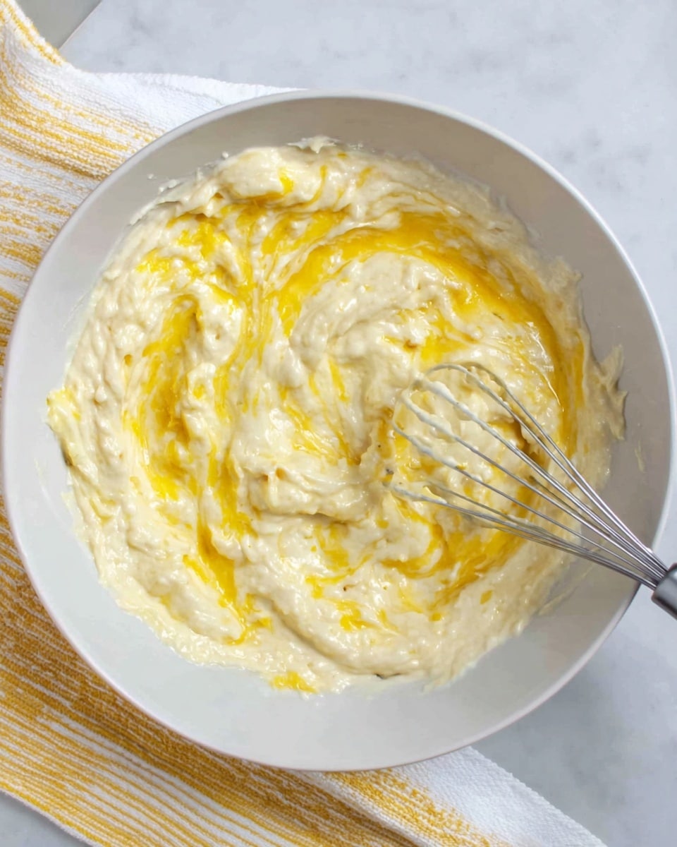 A white bowl filled with a thick, lumpy mixture that is creamy white with swirls of bright yellow throughout. The mixture appears soft and partially stirred, with a silver whisk resting on the right side inside the bowl. The bowl is placed on a white marbled surface with a yellow and white striped cloth partially visible behind it. Photo taken with an iphone --ar 4:5 --v 7