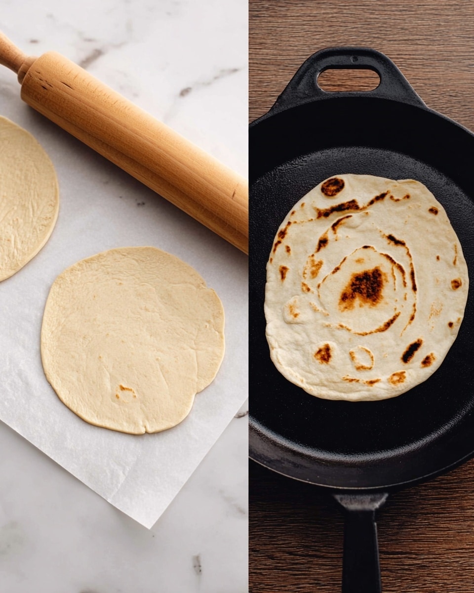 The image shows two side-by-side scenes. On the left, there are two flat, round dough pieces with a smooth, light beige color placed on white paper on a white marbled surface. A wooden rolling pin lies nearby. On the right, a light beige flat dough with some slightly darker brown toasted spots lies in the middle of a black skillet, set on a white marbled surface. The skillet and rolling pin add a rustic feel to the image. photo taken with an iphone --ar 4:5 --v 7