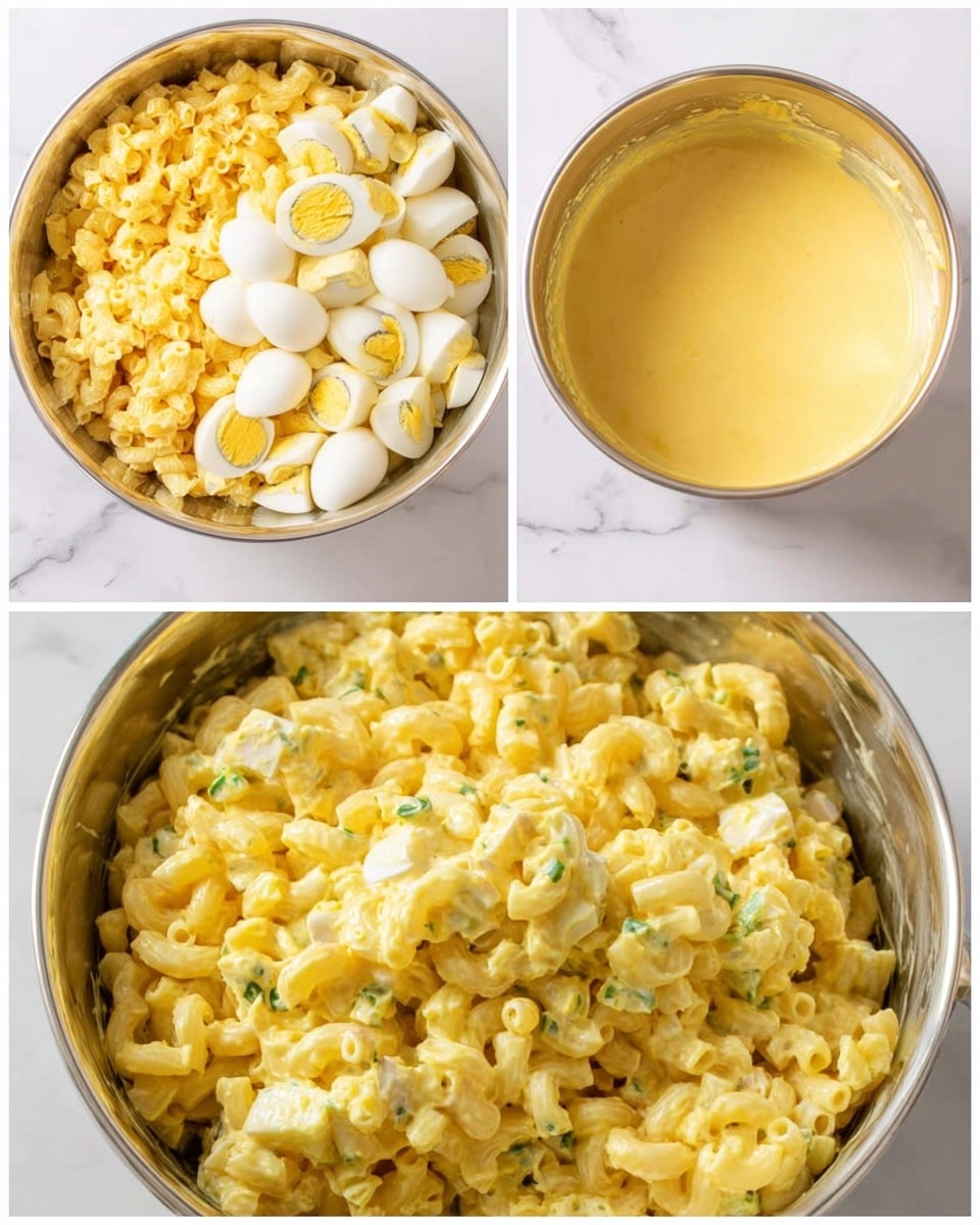 The image shows three parts: the first part has a large silver bowl filled with plain small elbow macaroni and chopped boiled eggs on top, next to a smaller silver bowl with a thick yellow dressing. The second part displays the same large silver bowl now mixed with the macaroni, chopped boiled eggs, and the yellow creamy dressing, creating a creamy, light yellow pasta salad with green herb bits visible. The third part is a close-up of the final mixture showing the creamy texture covering the macaroni and egg pieces, highlighting the soft, pale yellow colors and smooth sauce. All is set on a white marbled surface. photo taken with an iphone --ar 4:5 --v 7