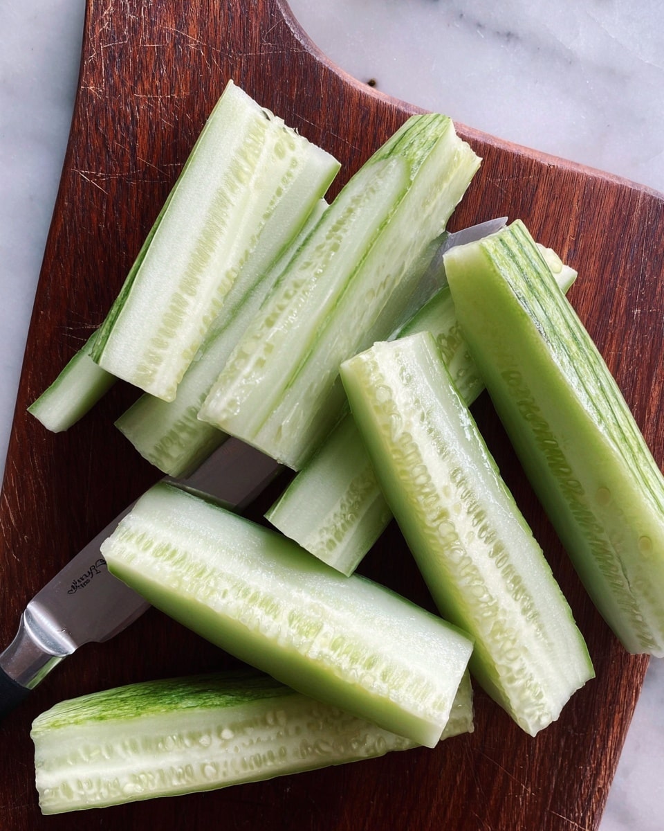 The image shows several fresh cucumber pieces cut into long strips arranged on a dark wooden cutting board. Each cucumber strip has a pale green inside with visible seeds and light green skin edges. The cutting board also holds a silver knife on its left side. The background is a white marbled texture. Photo taken with an iphone --ar 4:5 --v 7