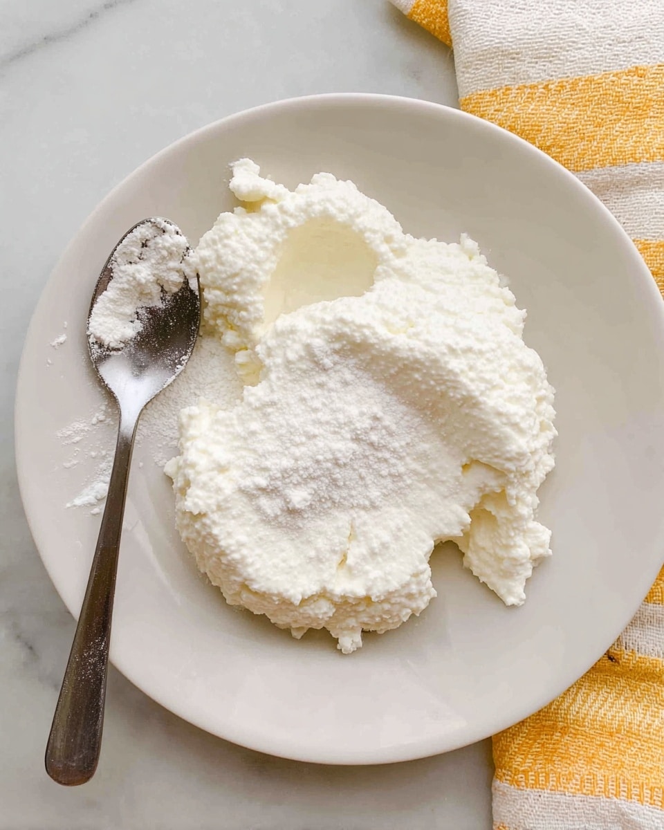 A white plate holds a large, uneven scoop of thick white curd-like substance, with some powder sprinkled on top in the center; a metal spoon rests on the left side with a small amount of the same white substance on it. The plate is placed on a white marbled surface with a yellow and white striped cloth partially visible in the top right corner. The texture of the white substance looks soft and slightly grainy, and the lighting is bright, showing clear details of the texture and colors. photo taken with an iphone --ar 4:5 --v 7