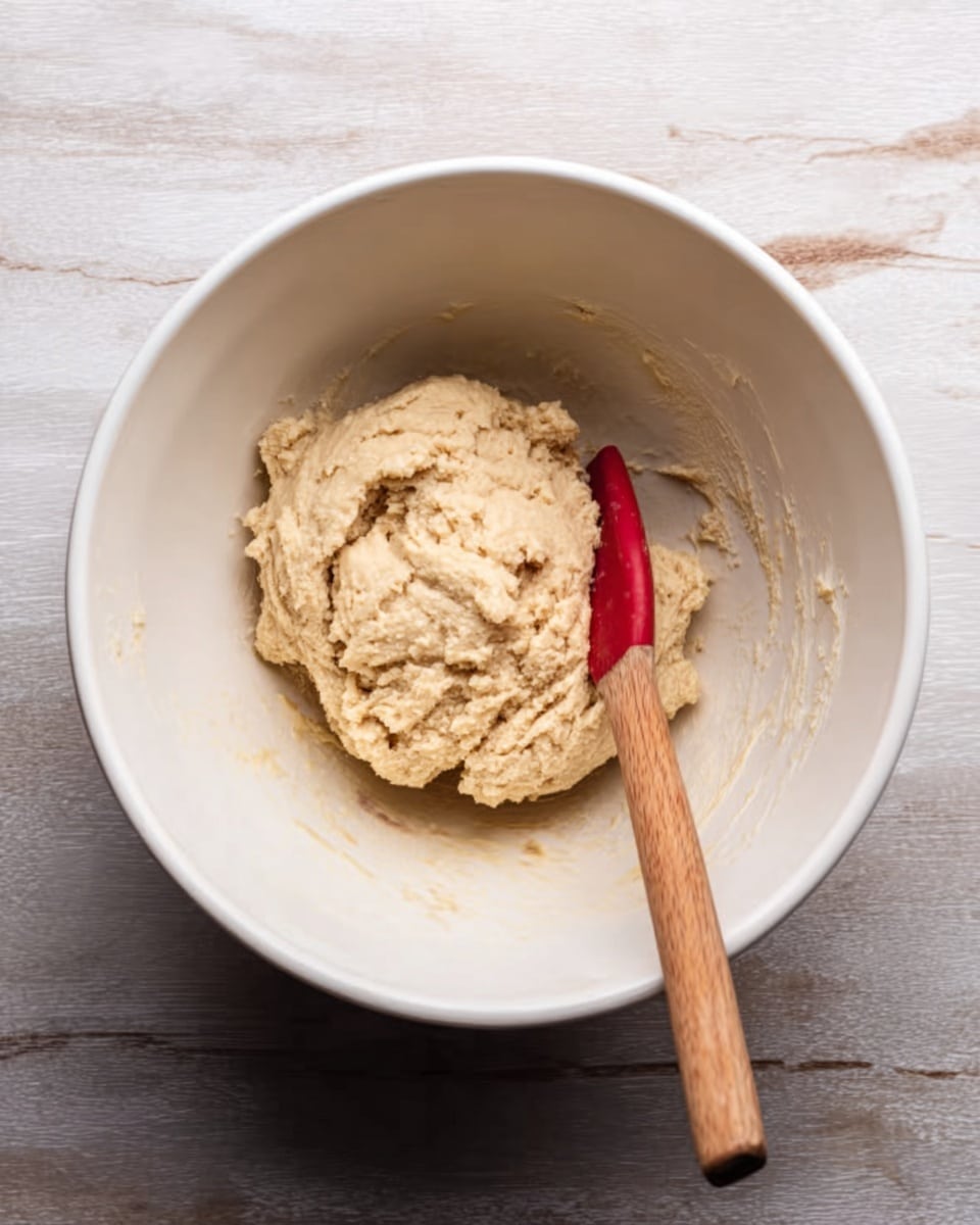 A white bowl on a white marbled surface holds a ball of beige dough with a rough, slightly cracked texture. Inside the bowl lies a wooden spoon with a smooth light brown handle and a bright red tip, resting on the right side of the dough. The image captures a simple mixing scene, showing the dough as soft and dense, centrally placed in the bowl. photo taken with an iphone --ar 4:5 --v 7