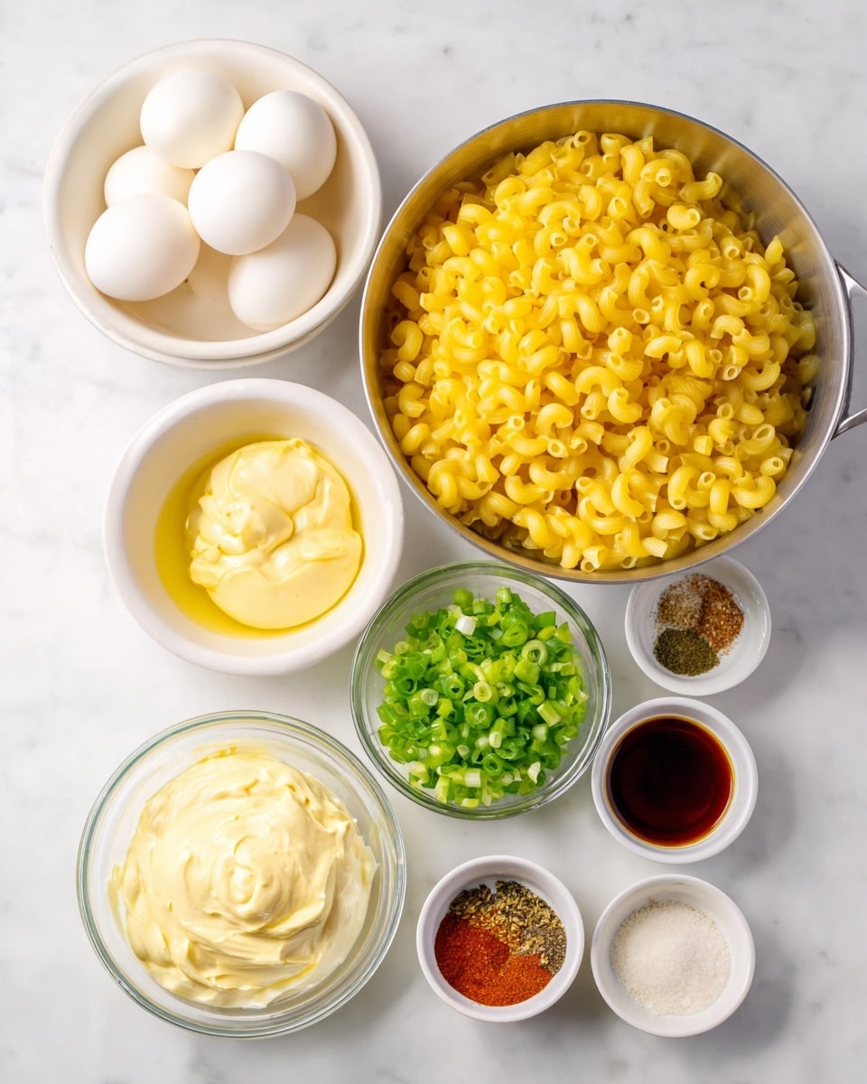 The image shows seven bowls on a white marbled surface, each holding a different ingredient. The largest bowl is metal and filled with bright yellow cooked elbow macaroni pasta. To the top left, a white bowl is full of peeled whole boiled eggs, smooth and white. Below the large bowl, there is a clear glass bowl filled with creamy mayonnaise, light yellow and thick. Surrounding these larger bowls are four small white bowls; one contains smooth yellow mustard sauce, another has chopped green onions, the third holds green relish, and the last small bowl has a mix of spices including salt, black pepper, red paprika, and garlic powder. A small white bowl also contains a dark brown liquid, likely soy sauce, completing the collection of ingredients. Photo taken with an iphone --ar 4:5 --v 7