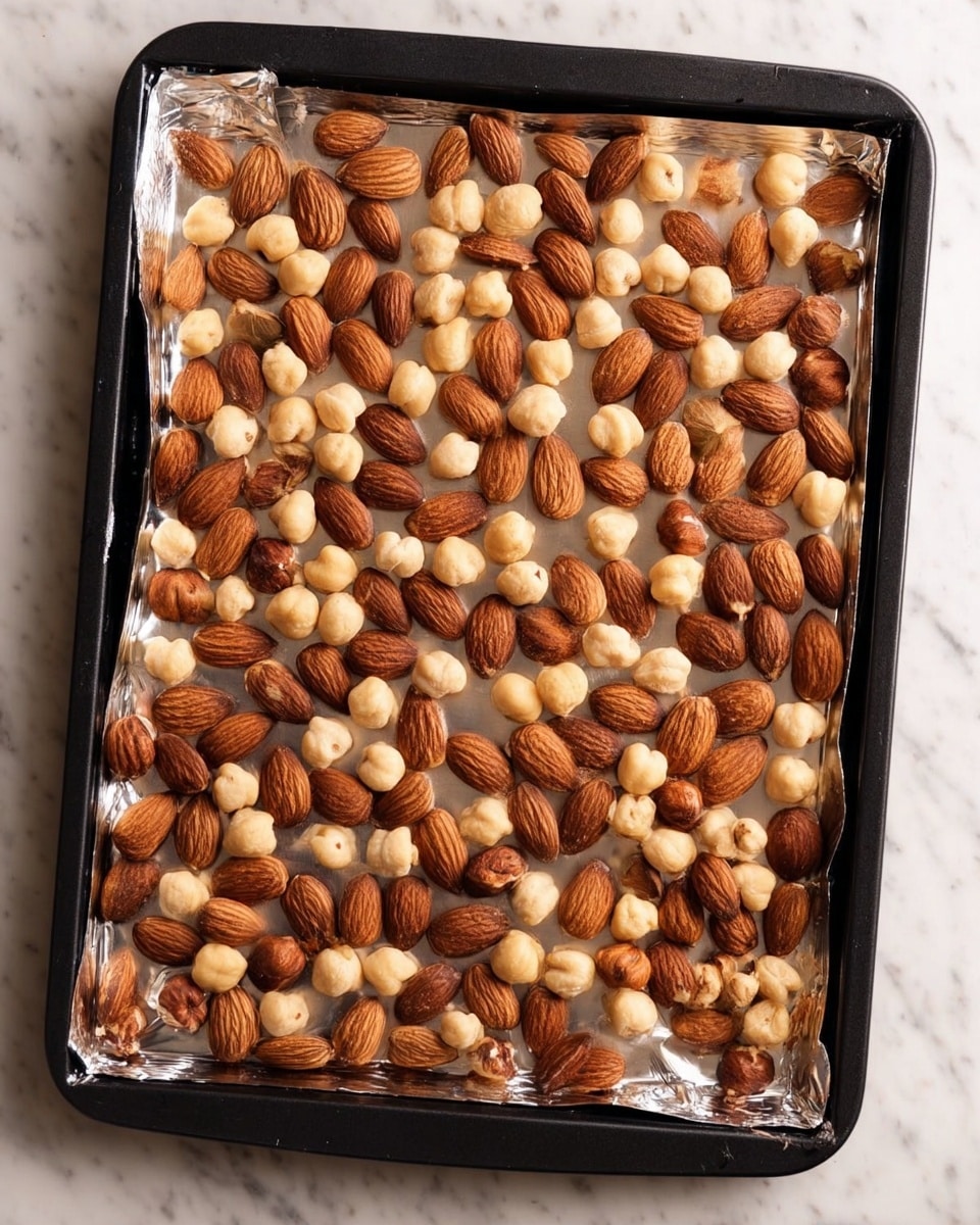 A black baking tray lined with shiny silver foil holds a mix of whole almonds and hazelnuts spread evenly across the surface. The almonds are medium brown with a smooth, ridged texture, and the hazelnuts are lighter beige with a rounder, slightly rough appearance. The background is a white marbled surface, giving a clean and bright setting to the tray. photo taken with an iphone --ar 4:5 --v 7