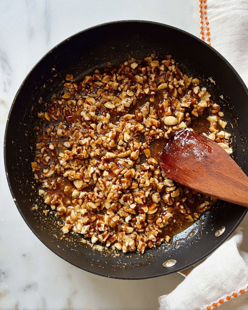 The image shows a black pan filled with a mixture of chopped nuts in a sticky, shiny syrup. The nuts are mostly light brown and golden with bits of darker brown, creating a textured and glossy surface. A wooden spatula with a rich brown color rests inside the pan on the right side, partially covered with the nut mixture. The pan sits on a white marbled surface, and a white cloth with orange stitching is partly visible on the top right corner. Photo taken with an iphone --ar 4:5 --v 7