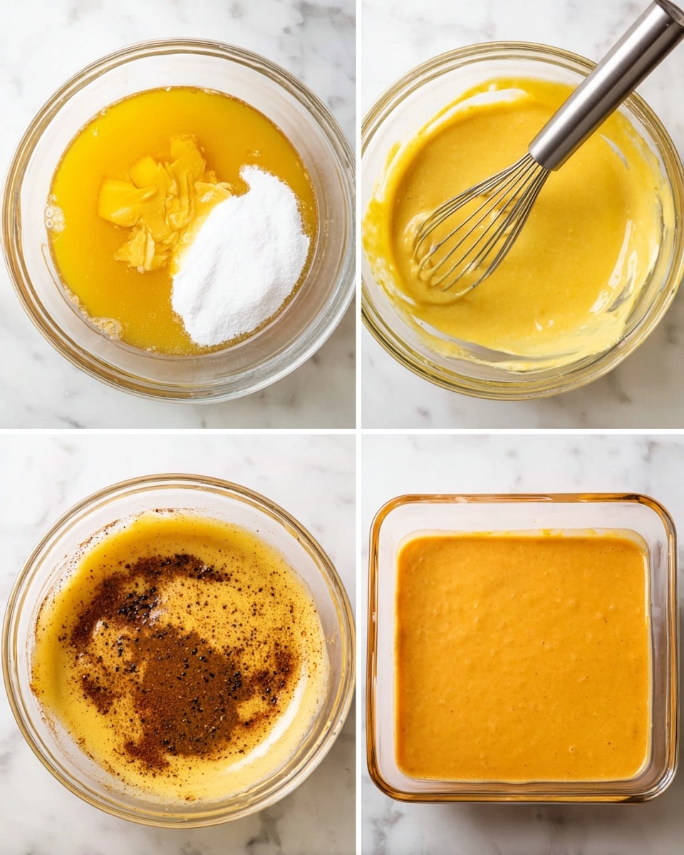 The image shows four clear glass bowls on a white marbled surface, each containing different stages of a yellow-orange batter mix being prepared. In the first bowl at the top left, melted yellow butter and white sugar sit side by side, with a whisk resting inside. The second bowl at the top right shows a smooth, mixed yellow batter with a slightly glossy texture and the same whisk inside. The third bowl at the bottom left has a thicker yellow batter with dark brown spices sprinkled unevenly on top, still unmixed. The last bowl at the bottom right is square-shaped, filled with an even layer of smooth orange batter, ready for baking. Photo taken with an iphone --ar 4:5 --v 7