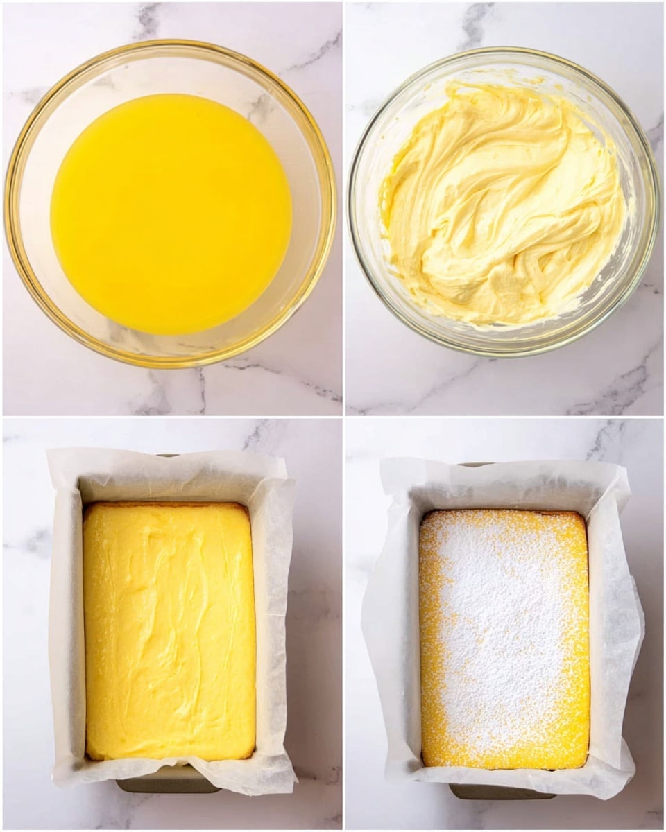 The image shows four steps of making a yellow cake or custard dish. The first step shows a clear glass bowl with a bright yellow liquid on one side over a white marbled surface. The second step shows the same bowl with thick, creamy, light yellow batter inside. The third step shows a white square baking dish lined with parchment paper filled with the smooth light yellow batter spread evenly. The fourth step shows the baked dish, golden brown on the edges and topped with white powdered sugar, still in the baking dish lined with parchment paper over the same white marbled surface. photo taken with an iphone --ar 4:5 --v 7