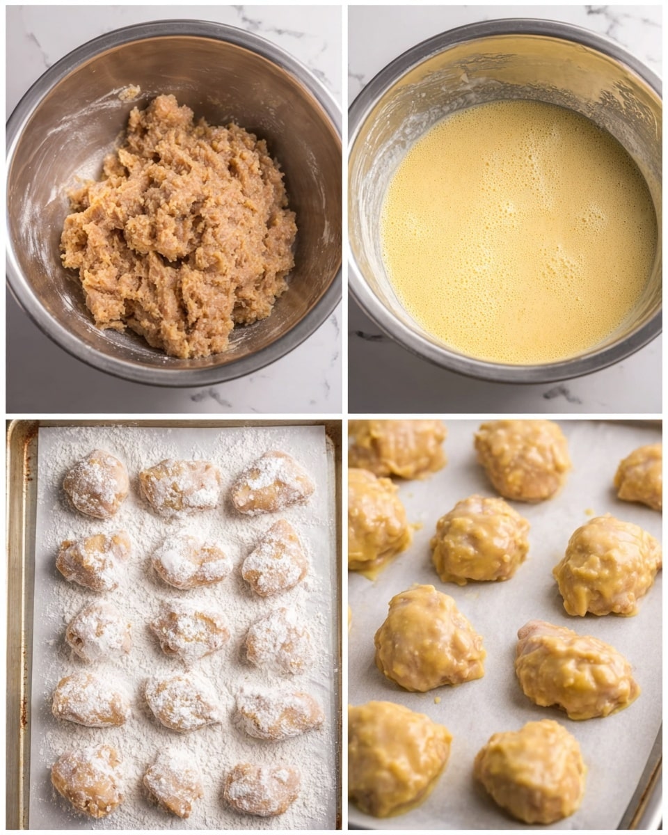 The image shows a four-part collage depicting the steps of preparing battered chicken pieces. The top left photo features a metal bowl filled with raw, light brown, finely mixed meat paste with a slightly chunky texture. The top right photo shows a metal bowl containing a light yellow, frothy batter with a smooth, creamy texture. The bottom left photo displays rows of small, irregularly shaped raw meat pieces coated with white flour placed on a parchment-lined tray with a white marbled background. The bottom right photo presents the same pieces now covered evenly in the pale yellow batter, arranged closely on the parchment tray. Photo taken with an iphone --ar 4:5 --v 7