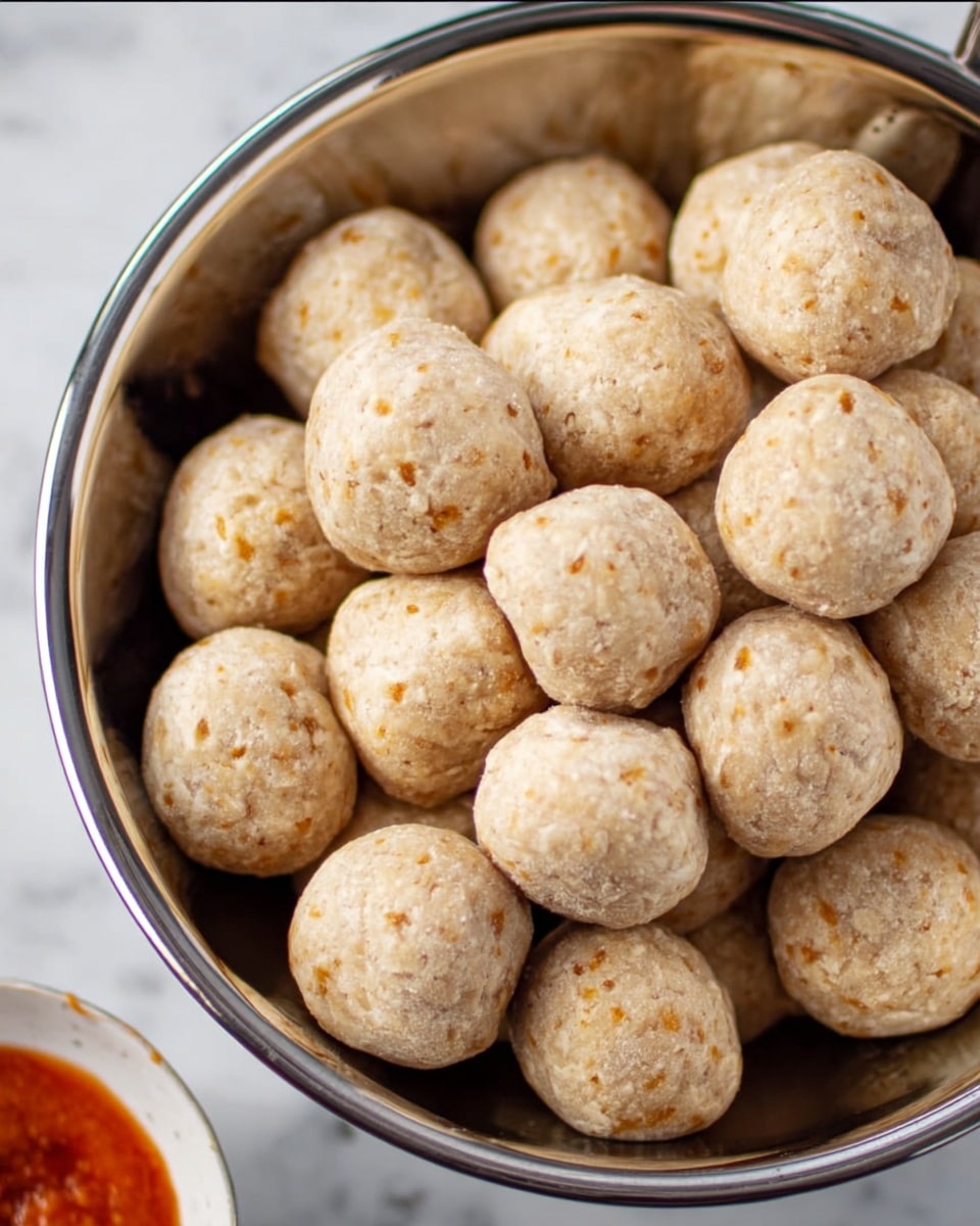 The image shows a shiny metal bowl filled with many small round beige dough balls that have a slightly rough texture. The bowl is placed on a white marbled surface. Some of the dough balls have hints of orange color inside them, giving a look of mixed ingredients. In the lower part of the image, a small portion of a white bowl with red sauce is visible. The lighting on the dough balls highlights their uneven surfaces and gives the photo a natural look. photo taken with an iphone --ar 4:5 --v 7