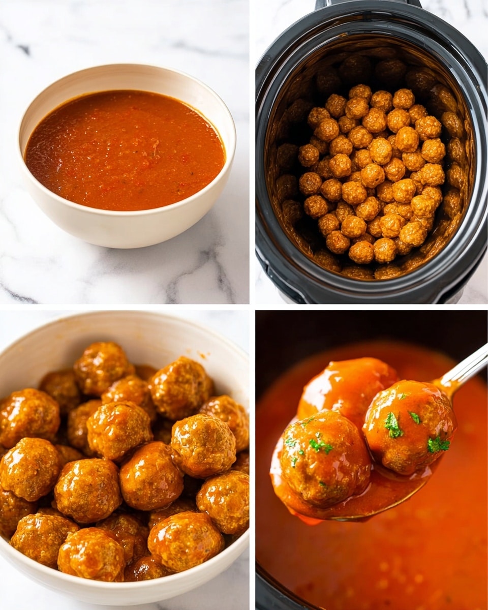 The image shows four sections. The top left has a white bowl filled with smooth, reddish-brown sauce with a slightly shiny surface. The top right shows many small, round, beige meatballs inside a black slow cooker. The bottom left is a close-up of these beige meatballs in the slow cooker, showing their slightly rough texture. The bottom right is a spoon lifting coated meatballs covered with bright red-orange sauce, garnished with small green herbs, all inside the cooker. The background throughout is a white marbled surface photo taken with an iphone --ar 4:5 --v 7