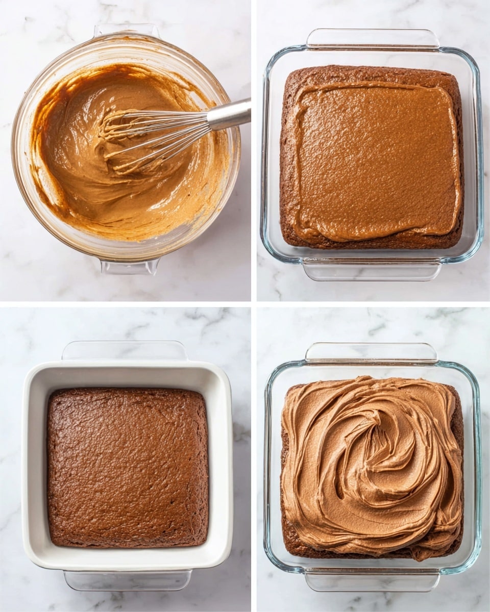 A close-up image of a chocolate cake slice on a white plate with a white marbled surface underneath. The cake has two thick dark brown spongy layers with a slightly crumbly texture. Between these layers and on top is a thick creamy layer of smooth light brown chocolate frosting that is swirled slightly on the top for texture. A blurred glass of milk can be seen in the background with a wooden utensil also out of focus behind the cake. A few small cake crumbs are scattered on the plate near the slice. photo taken with an iphone --ar 4:5 --v 7