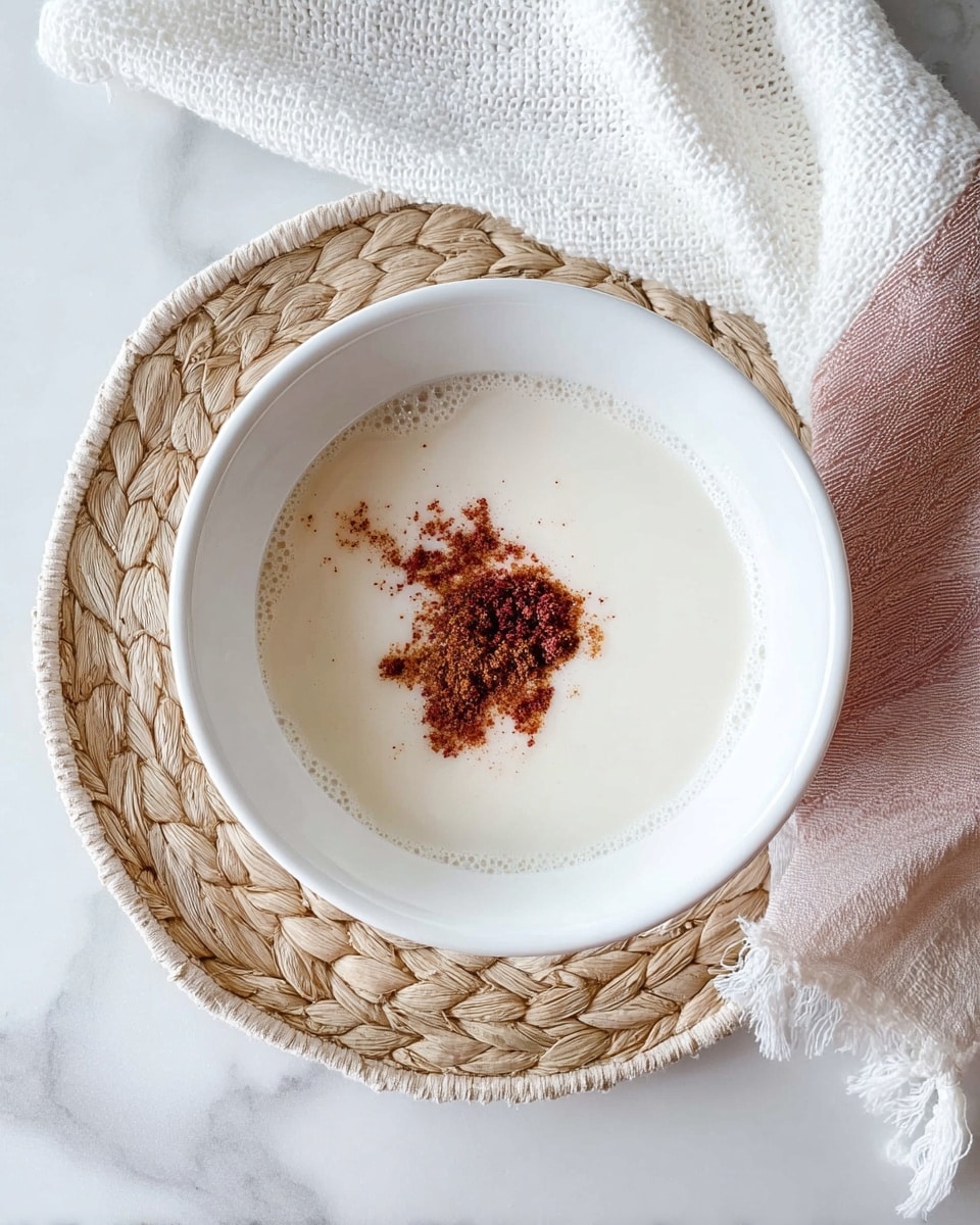 A close-up view of a pink ceramic cup filled with a light brown creamy spiced drink with tiny dark specks throughout the top layer. Above the cup, a wooden honey dipper is held by a woman's hand, with golden honey dripping slowly into the drink. The cup is placed on a textured woven mat on top of a white marbled surface. In the background, a white knitted cloth and a small cinnamon stick lie blurred, adding a cozy feel. photo taken with an iphone --ar 4:5 --v 7