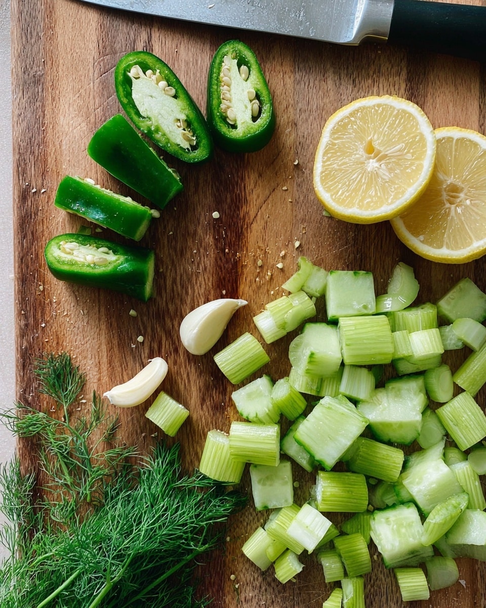 This image shows a wooden cutting board with fresh chopped ingredients scattered across it. There are two lemon halves on the top right, pale yellow inside with visible seeds and juicy texture. To the left of the lemons, three slices of green jalapeno pepper with white seeds and smooth skin are placed in a line. Below them, a single peeled garlic clove rests nearby. Several pieces of green onion, cut into small sections, are spread around the garlic. Most of the board is filled with large and small pieces of cucumber, showing light green flesh with seeds and darker green, textured skin. At the bottom of the board, a few sprigs of fresh dill with fine, feathery leaves add a touch of deep green. A silver knife with a black handle lies horizontally near the top of the board. The board itself has a rich, natural wood grain. photo taken with an iphone --ar 4:5 --v 7